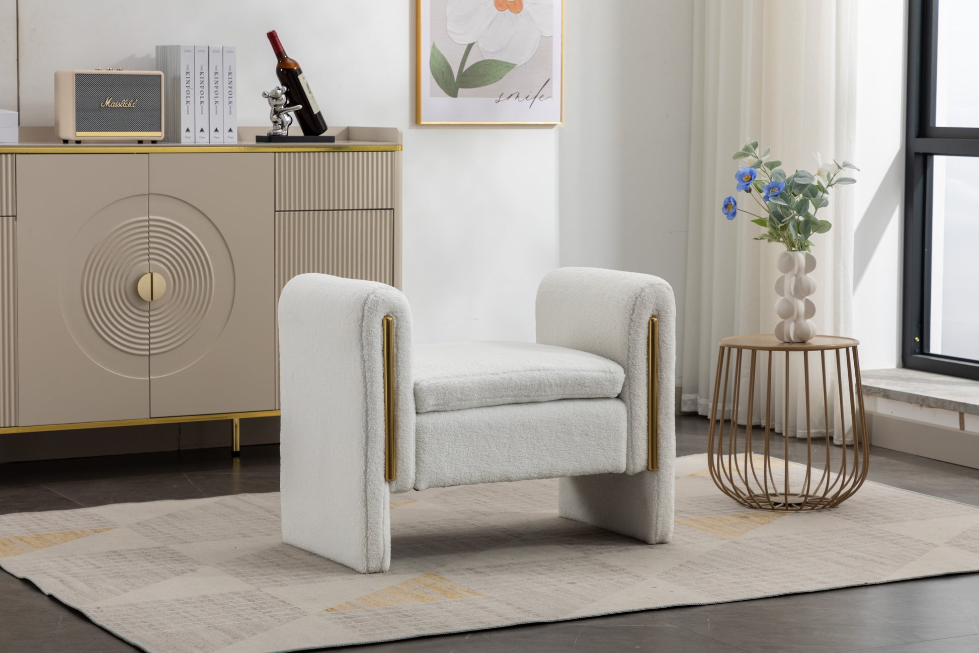 031 Teddy Fabric Single Bench Shoe Bench Makeup Bench For Bedroom Indoor,Ivory Wood Bedroom White Solid Eucalyptus Wood Tufted Ivory Polyester Backless Soft Modern Foam Teddy
