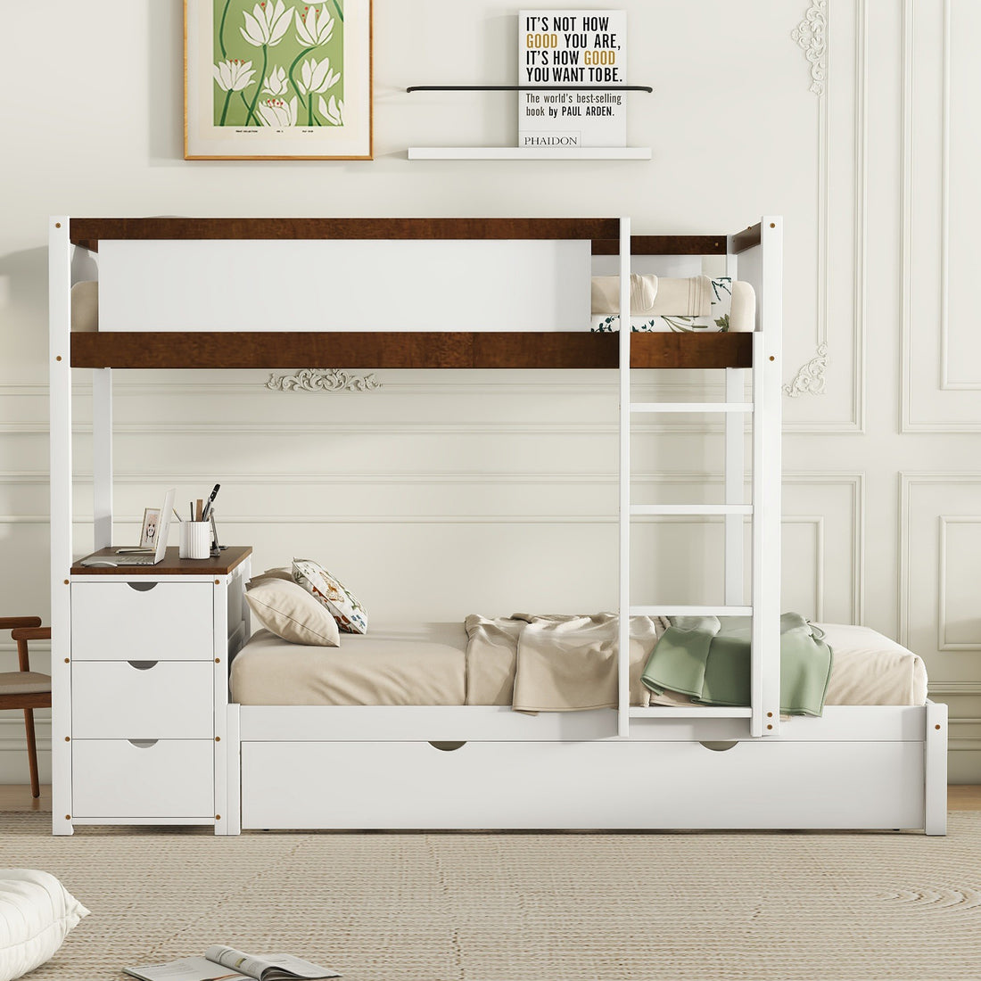 Twin Over Twin Bunk Bed With Twin Size Trundle, Storage And Desk, White Walnut White Walnut Solid Wood