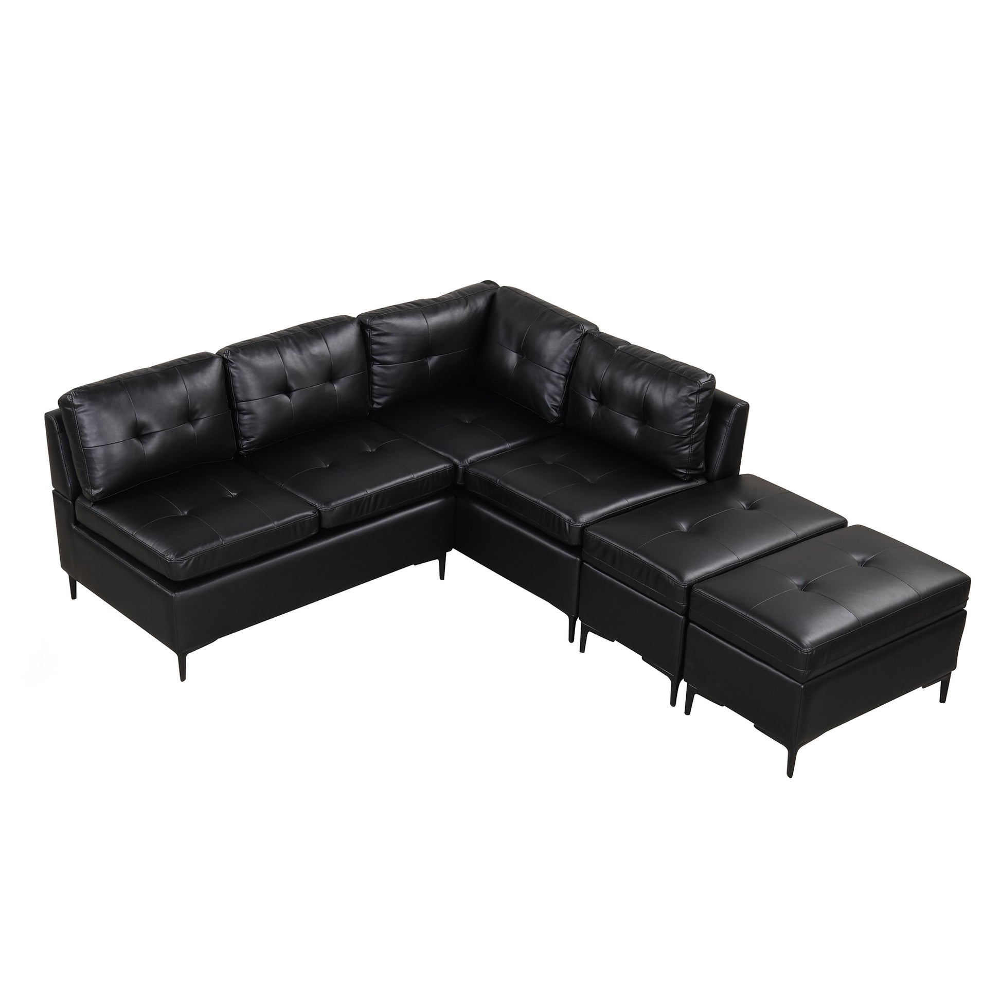 94.88" L Shaped Corner Sofa Pu Leather Sectional Sofa Couch With Movable Storage Ottomans For Living Room, Black Black Foam Pu Leather