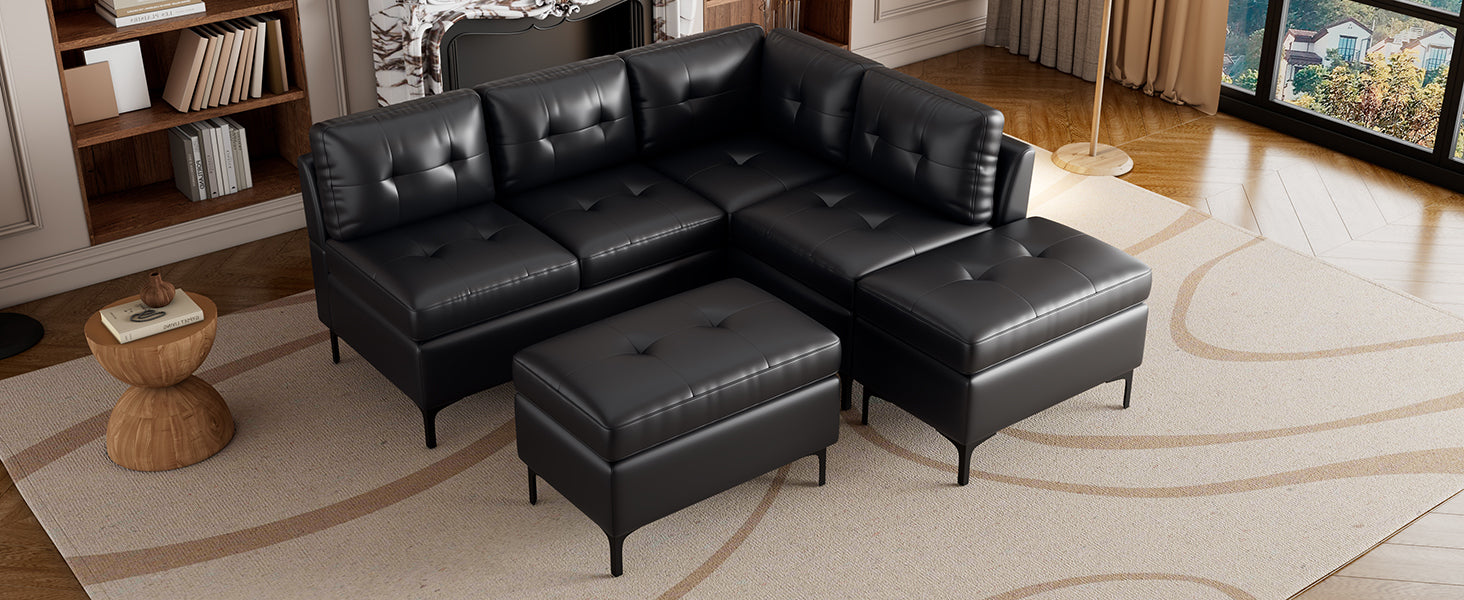 94.88" L Shaped Corner Sofa Pu Leather Sectional Sofa Couch With Movable Storage Ottomans For Living Room, Black Black Foam Pu Leather