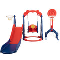 5 In 1 Slide And Swing Playing Set, Toddler Extra Long Slide With 2 Basketball Hoops, Football, Ringtoss, Indoor Outdoor Red Hdpe