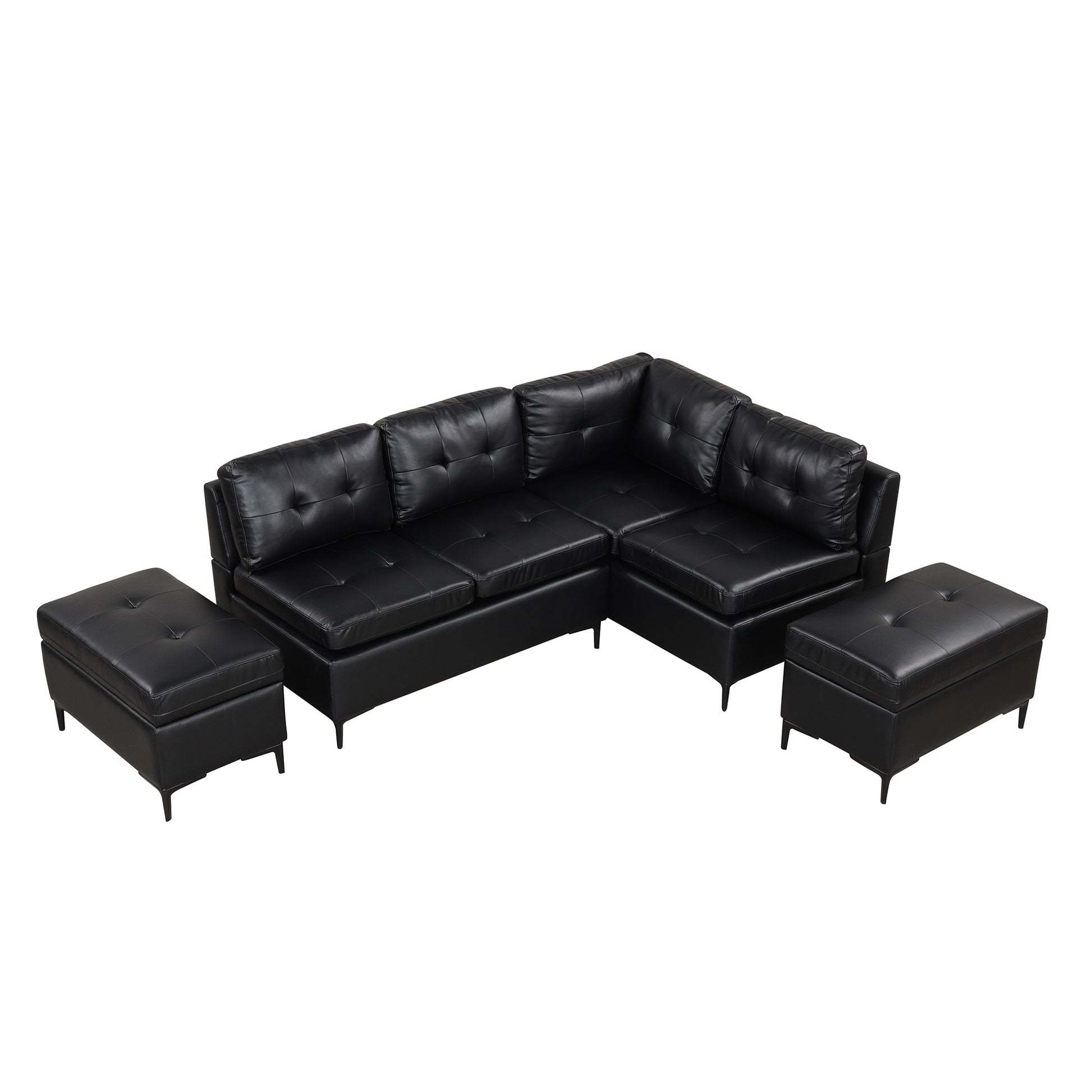 94.88" L Shaped Corner Sofa Pu Leather Sectional Sofa Couch With Movable Storage Ottomans For Living Room, Black Black Foam Pu Leather