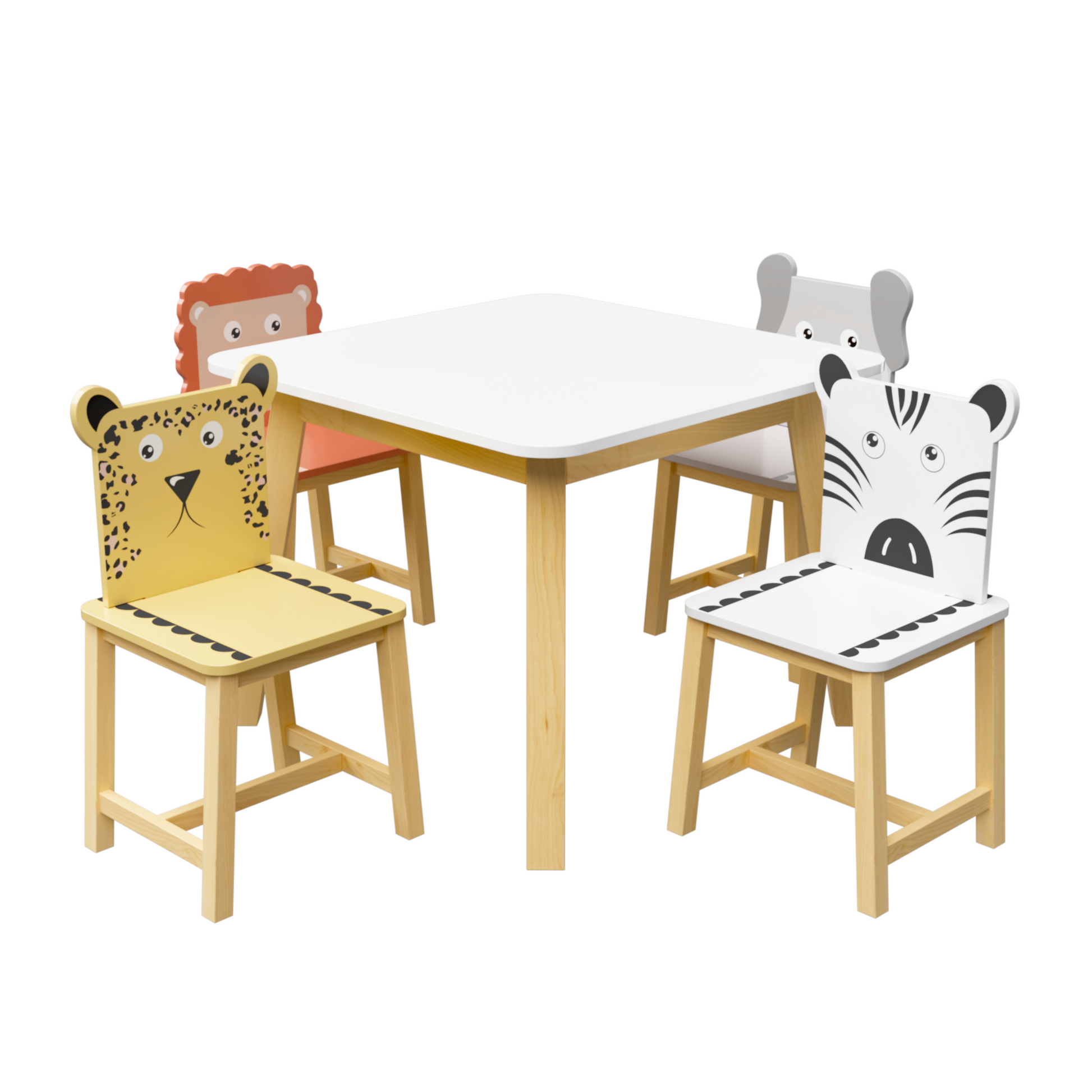 5 Piece Kiddy Table And Chair Setkids Wood Table With 4 Chairs Set Cartoon Animals Bigger Table 3 8 Years Old White Solid Wood