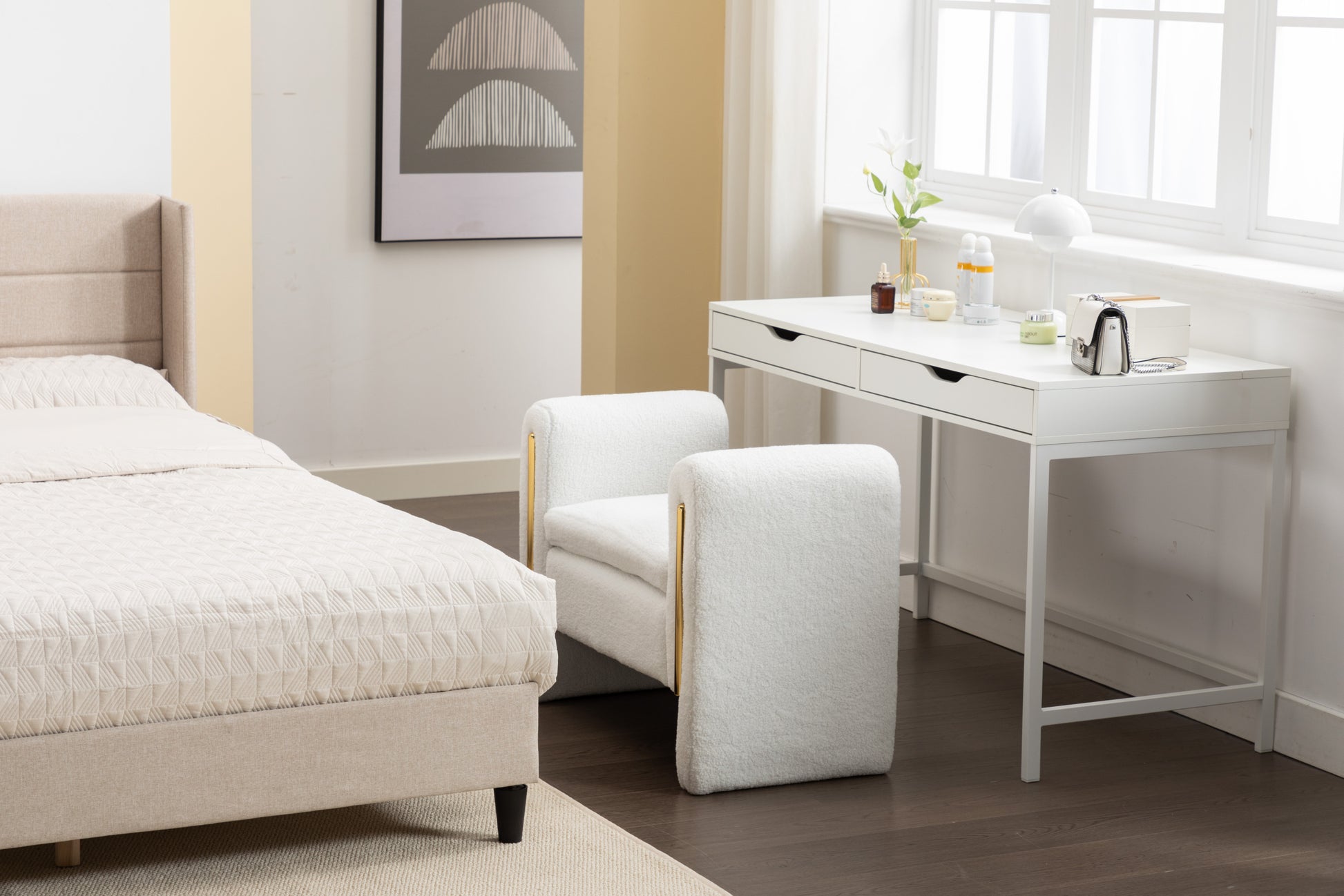 031 Teddy Fabric Single Bench Shoe Bench Makeup Bench For Bedroom Indoor,Ivory Wood Bedroom White Solid Eucalyptus Wood Tufted Ivory Polyester Backless Soft Modern Foam Teddy