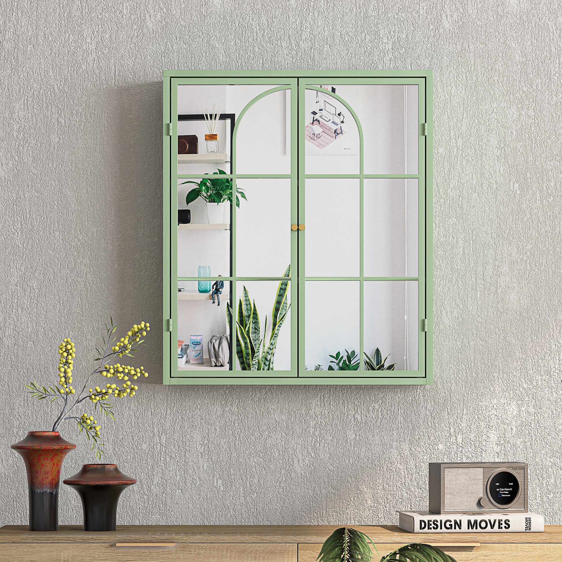 23.62 "Vintage Two Door Wall Cabinet With Mirror, Three Level Entrance Storage Space For Living Room, Bathroom, Dining Room, Green Green Iron