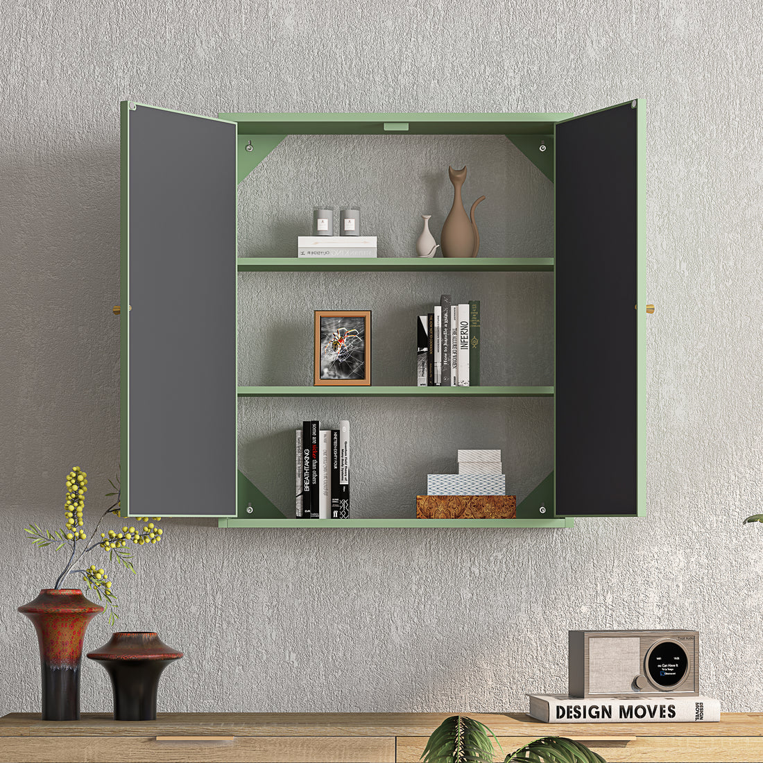 23.62 "Vintage Two Door Wall Cabinet With Mirror, Three Level Entrance Storage Space For Living Room, Bathroom, Dining Room, Green Green Iron