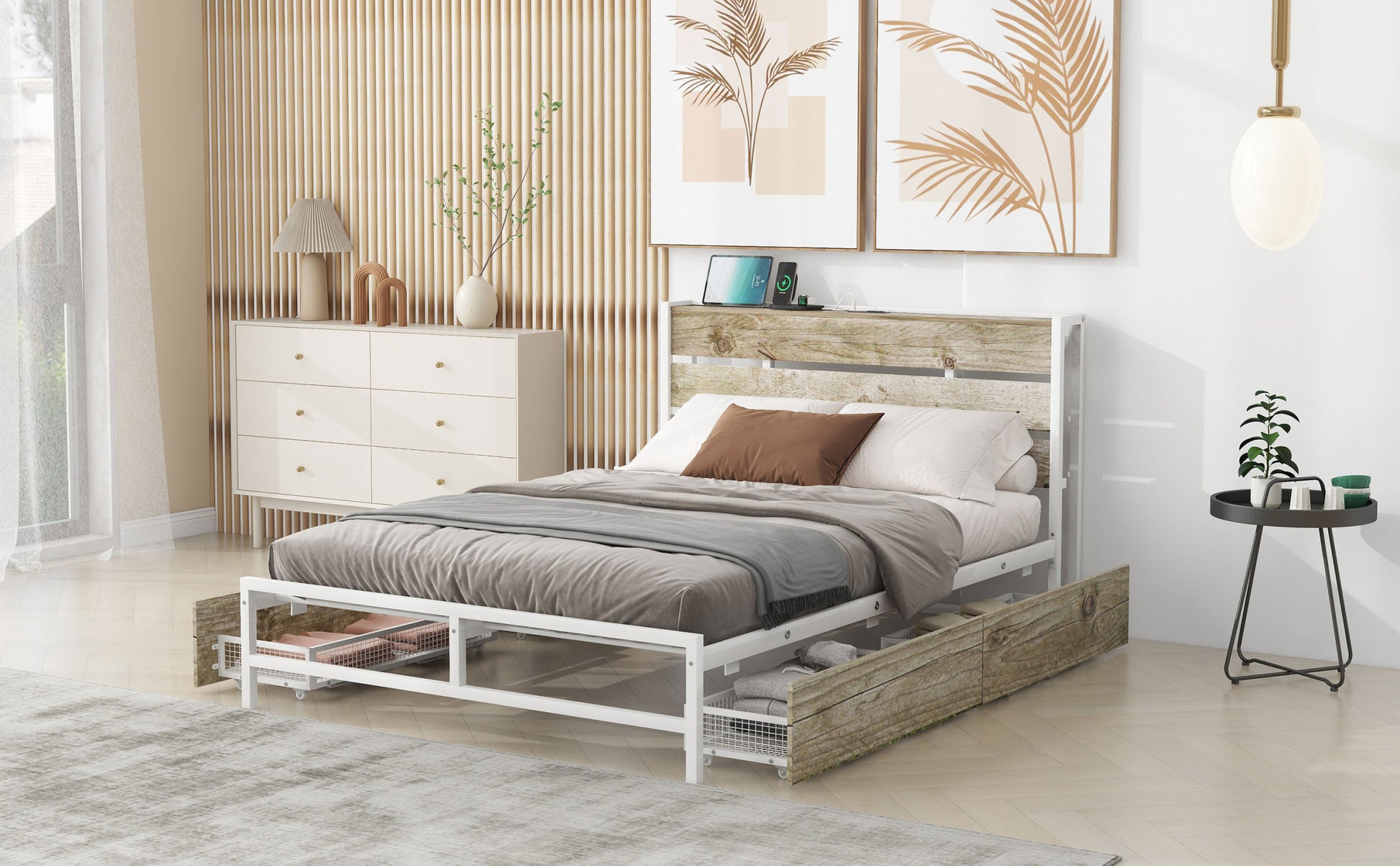Metal Platform Bed With Four Drawers, Sockets And Usb Ports, Full, White Full White Mdf Metal