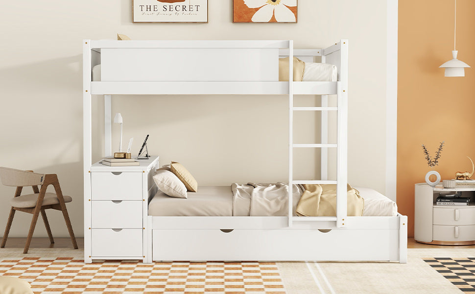 Full Over Full Bunk Bed With Twin Size Trundle, Storage And Desk, White White Solid Wood