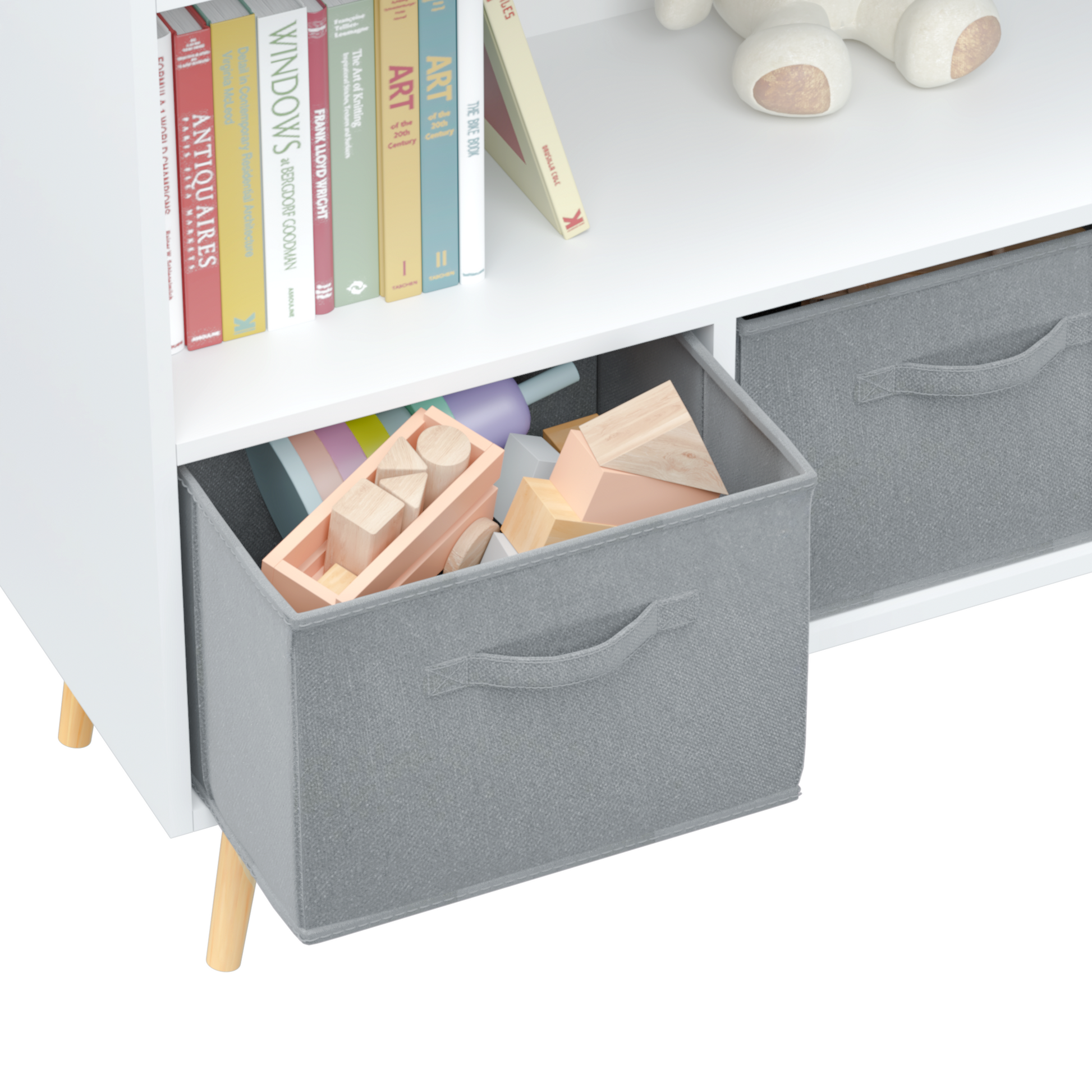 Kids Bookcase With Collapsible Fabric Drawers, Children'S Book Display, Toy Storage Cabinet Organizer, White Gray White Gray Mdf