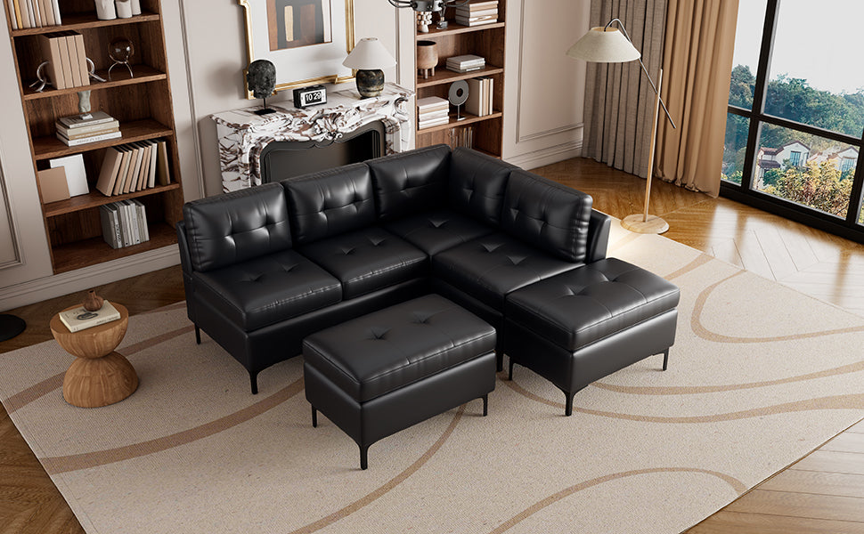 94.88" L Shaped Corner Sofa Pu Leather Sectional Sofa Couch With Movable Storage Ottomans For Living Room, Black Black Foam Pu Leather