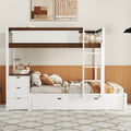 Full Over Full Bunk Bed With Twin Size Trundle, Storage And Desk, White Walnut White Walnut Solid Wood