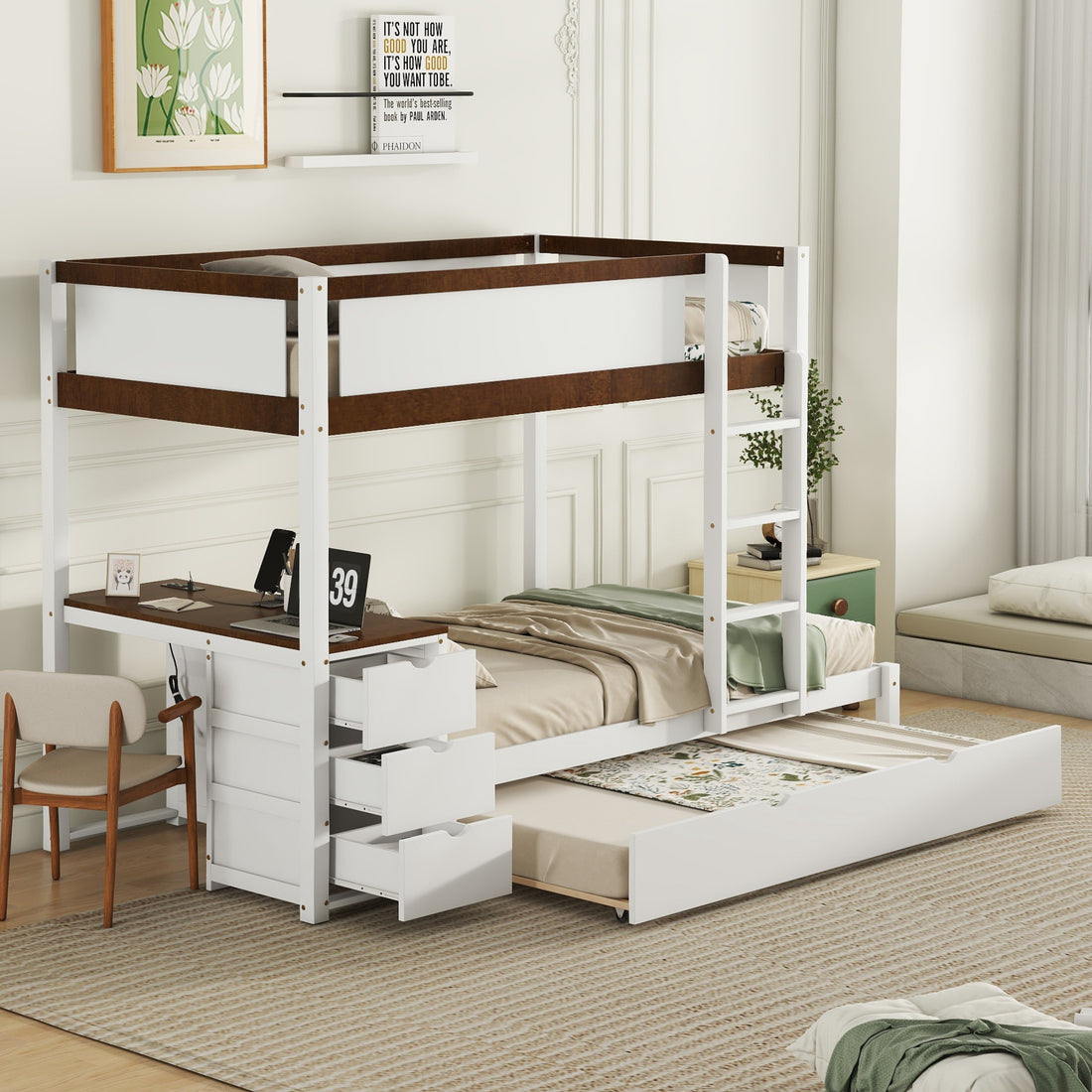 Twin Over Twin Bunk Bed With Twin Size Trundle, Storage And Desk, White Walnut White Walnut Solid Wood