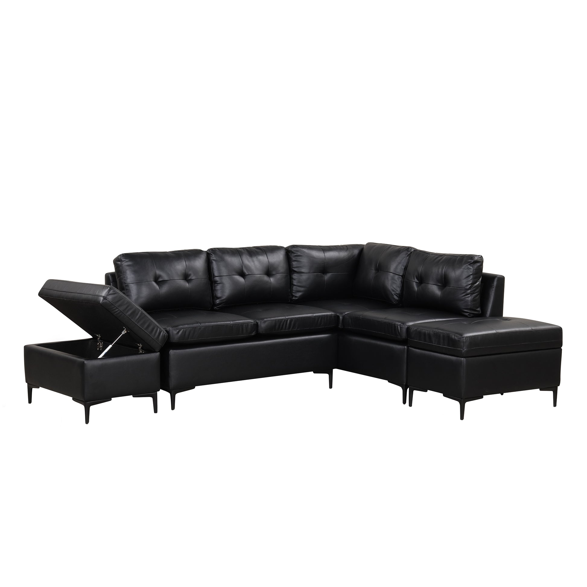 94.88" L Shaped Corner Sofa Pu Leather Sectional Sofa Couch With Movable Storage Ottomans For Living Room, Black Black Foam Pu Leather