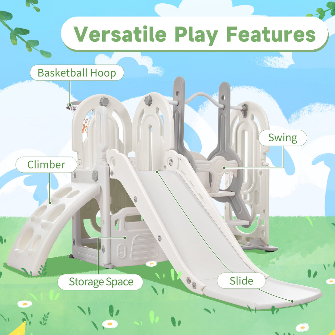 Toddler Slide And Swing Set 5 In 1, Kids Playground Climber Slide Playset With Basketball Hoop Freestanding Combination For Babies Indoor & Outdoor Gray Hdpe