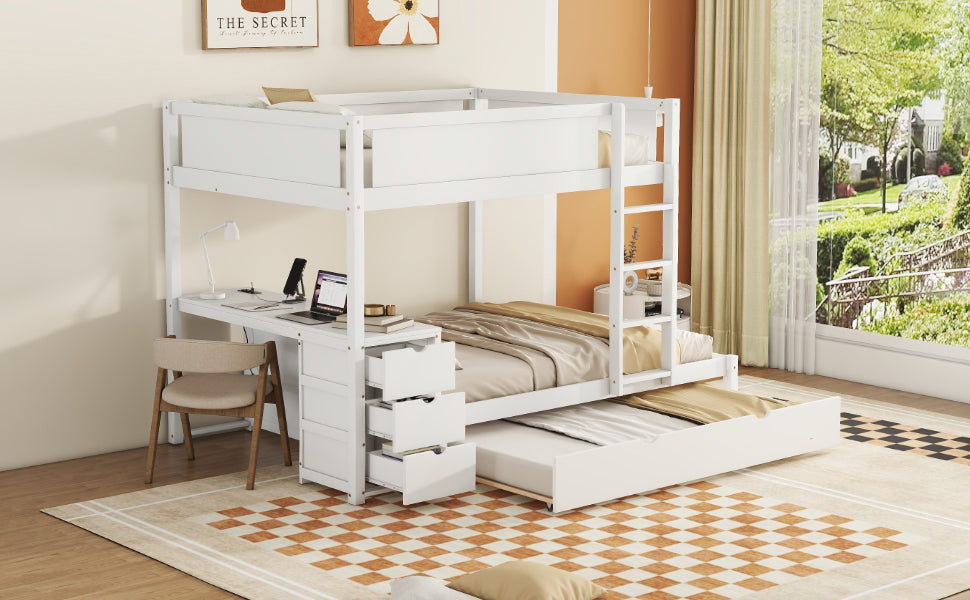 Full Over Full Bunk Bed With Twin Size Trundle, Storage And Desk, White White Solid Wood