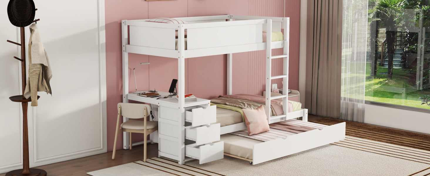 Twin Over Twin Bunk Bed With Twin Size Trundle, Storage And Desk, White White Solid Wood