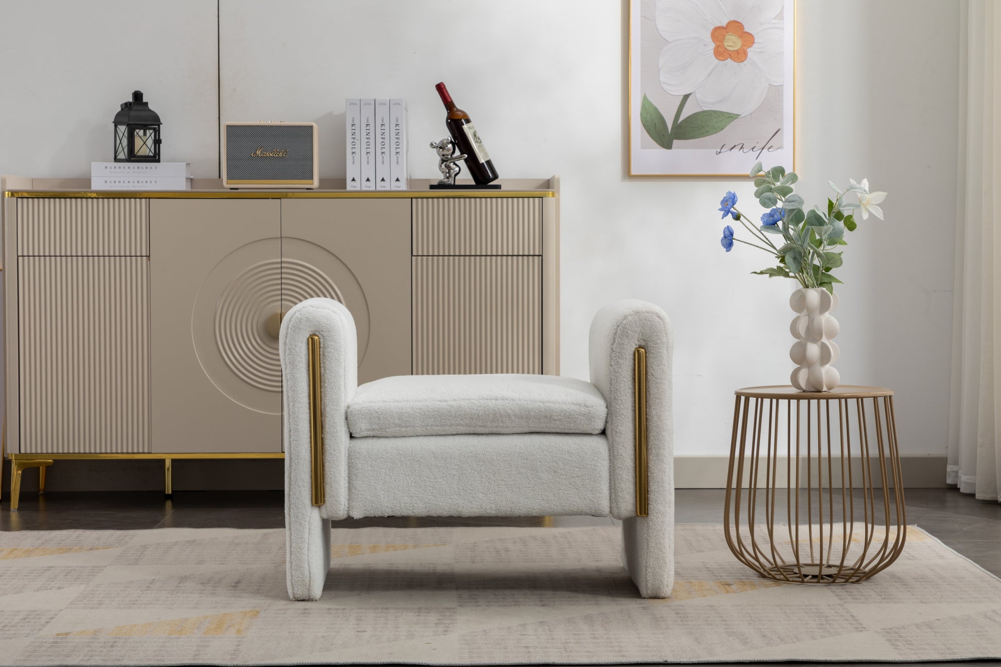031 Teddy Fabric Single Bench Shoe Bench Makeup Bench For Bedroom Indoor,Ivory Wood Bedroom White Solid Eucalyptus Wood Tufted Ivory Polyester Backless Soft Modern Foam Teddy