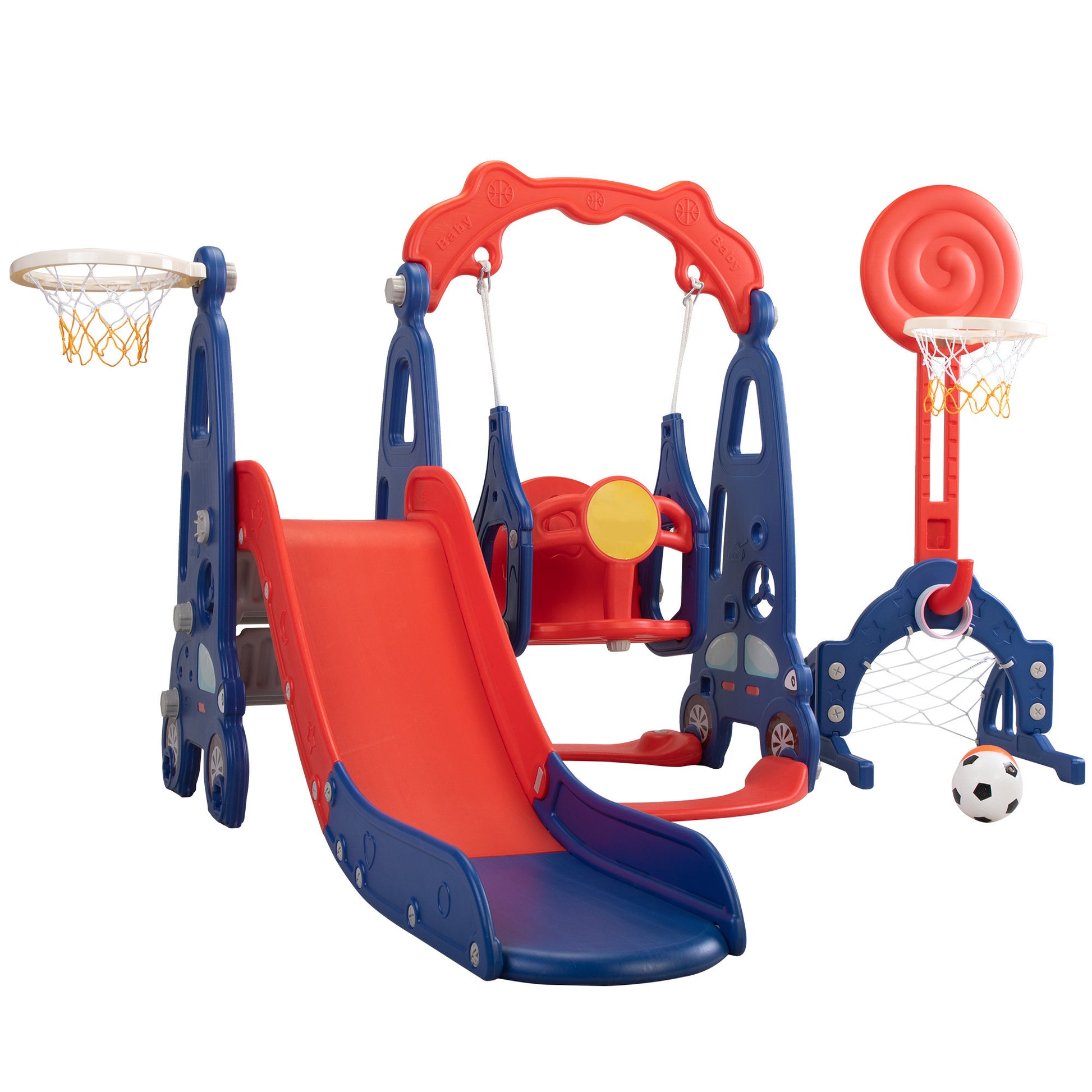 5 In 1 Slide And Swing Playing Set, Toddler Extra Long Slide With 2 Basketball Hoops, Football, Ringtoss, Indoor Outdoor Red Hdpe