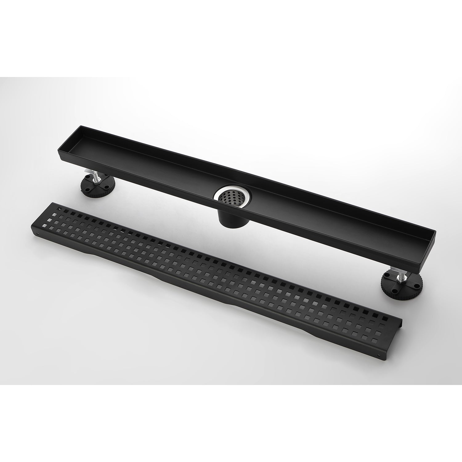 28 Inches Linear Shower Drain, Included Hair Strainer And Leveling Feet Matt Black Stainless Steel