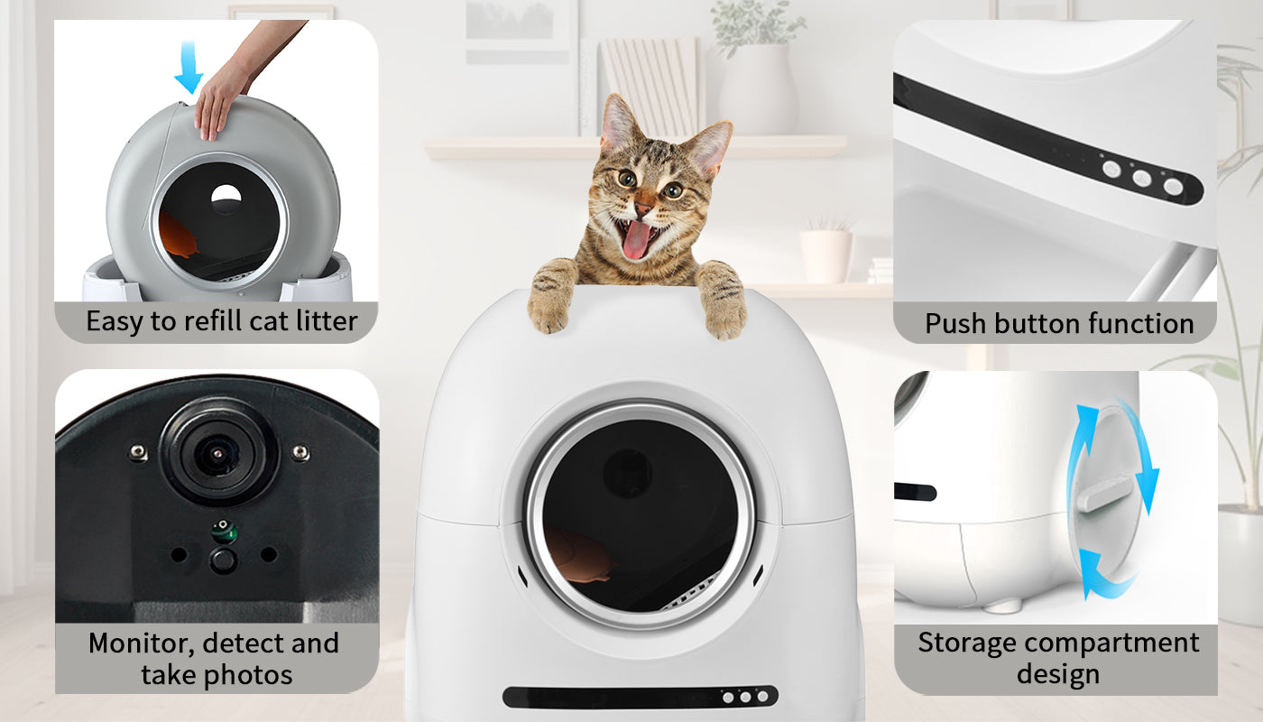 Self Cleaning Cat Litter Box, 68L 9L, Suitable For A Variety Of Cat Litter, App Control, Real Time Video, Photo And Video, Safe And Reliable, Ionic Deodorization, With Exhaust Hose, Support Wifi White Abs