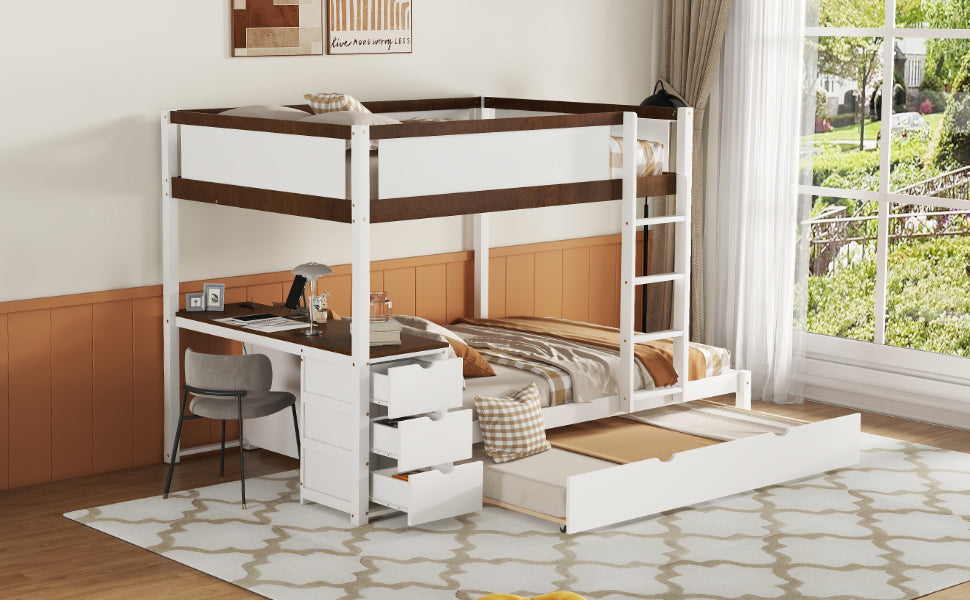 Full Over Full Bunk Bed With Twin Size Trundle, Storage And Desk, White Walnut White Walnut Solid Wood