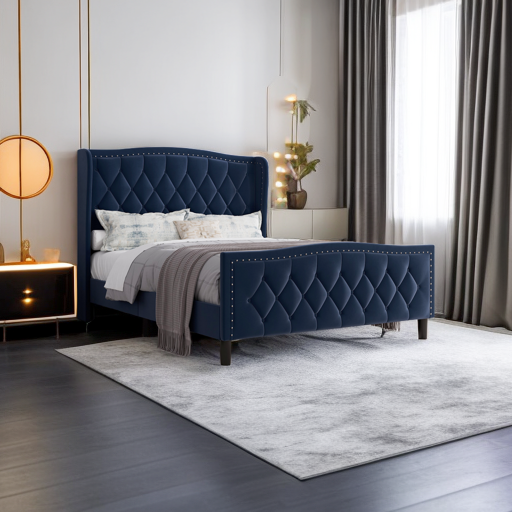 Full Size Bed Frame, Modern Upholstered Platform Bed With Wingback Headboard, Velvet Bed Frame With Wood Slat Support, Easy Assembly, No Box Spring Needed Blue, Full Full Blue Iron