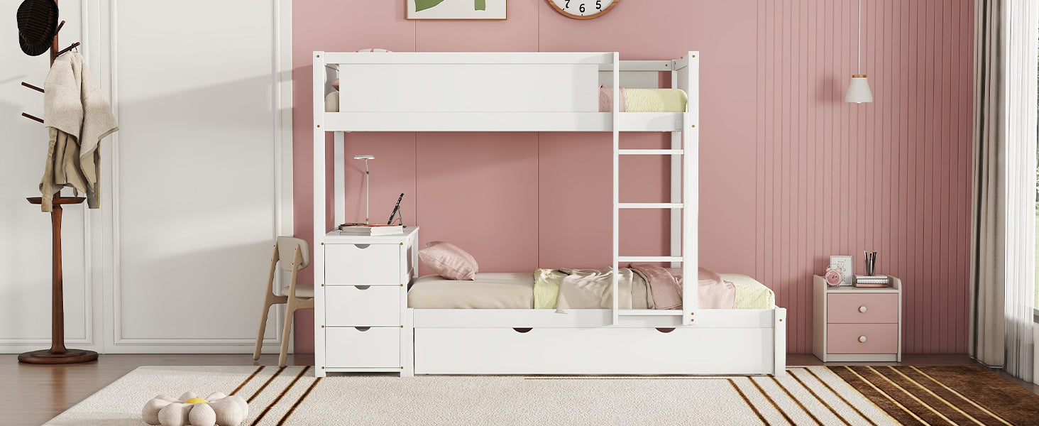 Twin Over Twin Bunk Bed With Twin Size Trundle, Storage And Desk, White White Solid Wood