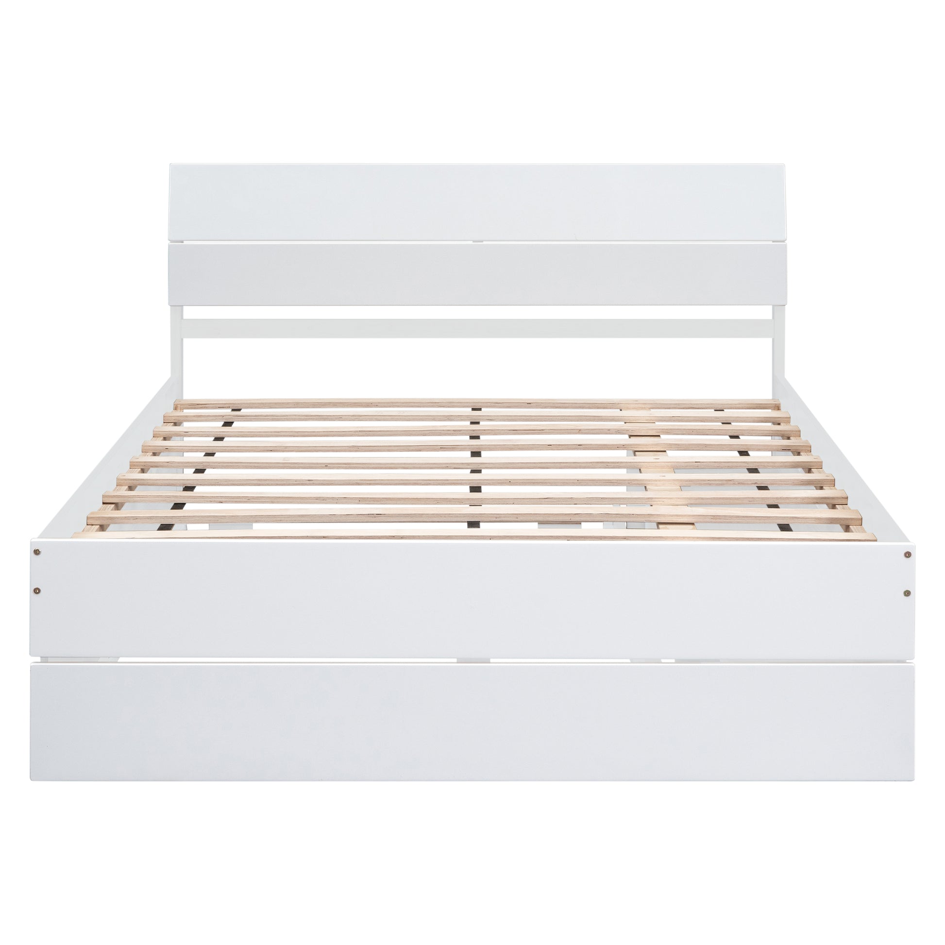 Modern Full Bed Frame With Twin Size Trundle And 2 Drawers For White High Gloss And Washed White Color White Solid Wood Mdf