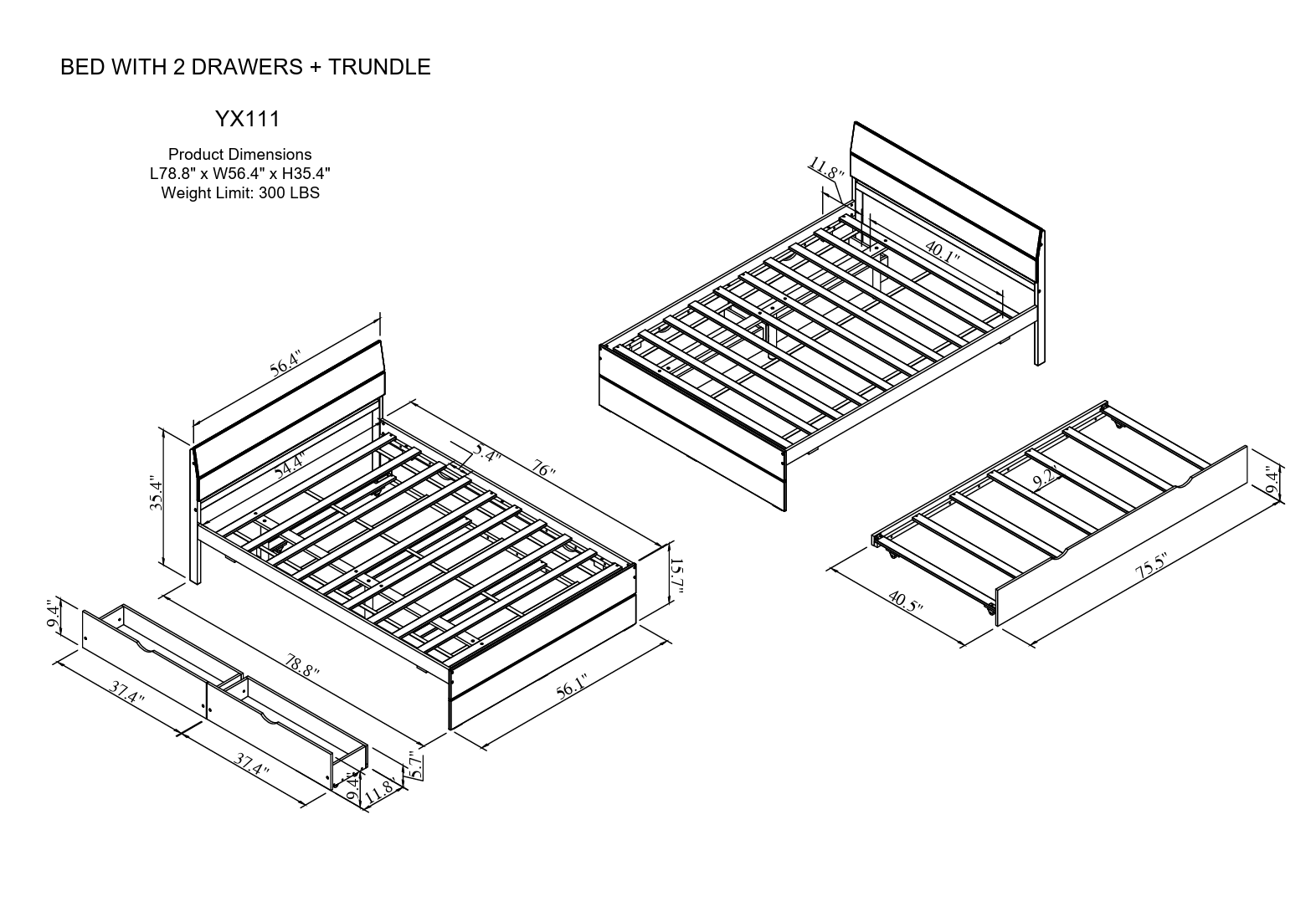 Modern Full Bed Frame With Twin Size Trundle And 2 Drawers For White High Gloss With Light Oak Color White Oak Solid Wood Mdf