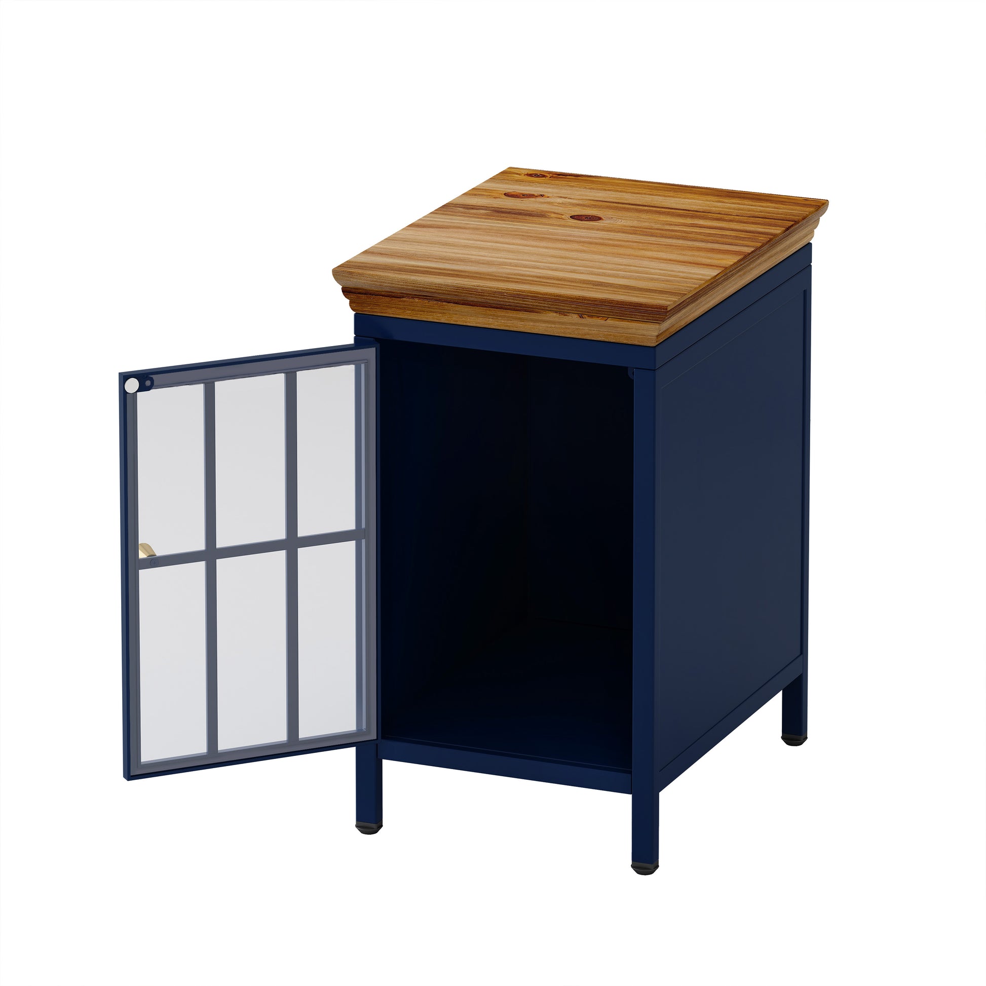 Nightstand With Storage Cabinet & Solid Wood Tabletop, Bedside Table, Sofa Side Coffee Table For Bedroom, Living Room, Dark Blue Set Of Two Pieces Blue Iron