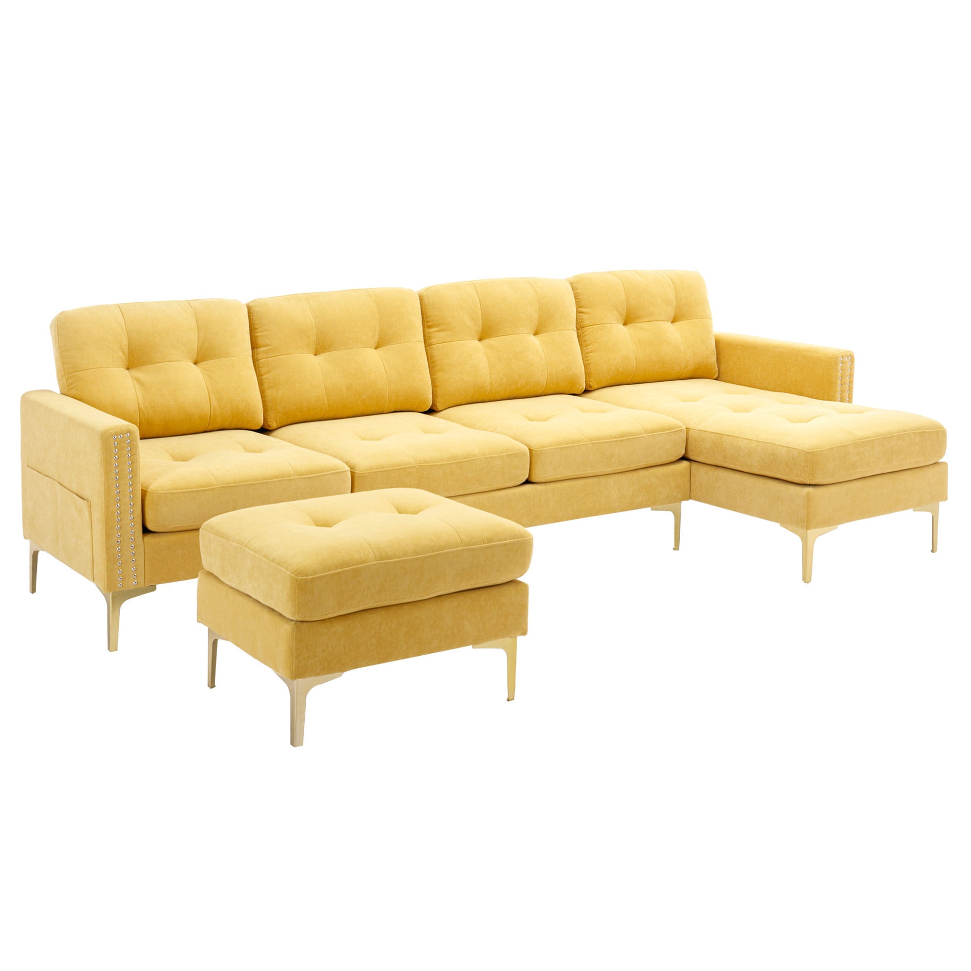 110" L Shape Convertible Sectional Sofa Couch With Movable Ottoman For Living Room, Apartment, Office, Yellow Yellow Foam Velvet 4 Seat