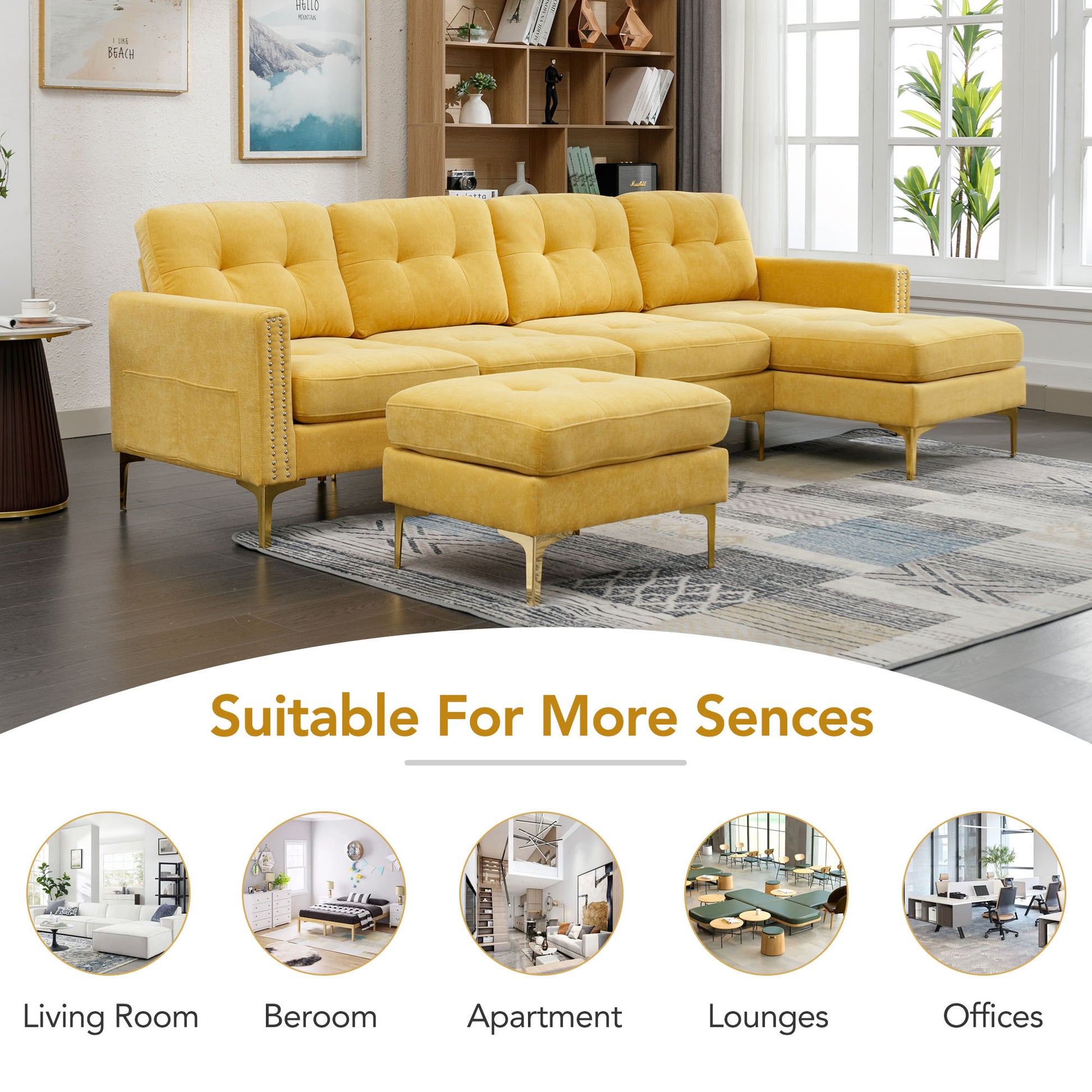 110" L Shape Convertible Sectional Sofa Couch With Movable Ottoman For Living Room, Apartment, Office, Yellow Yellow Foam Velvet 4 Seat