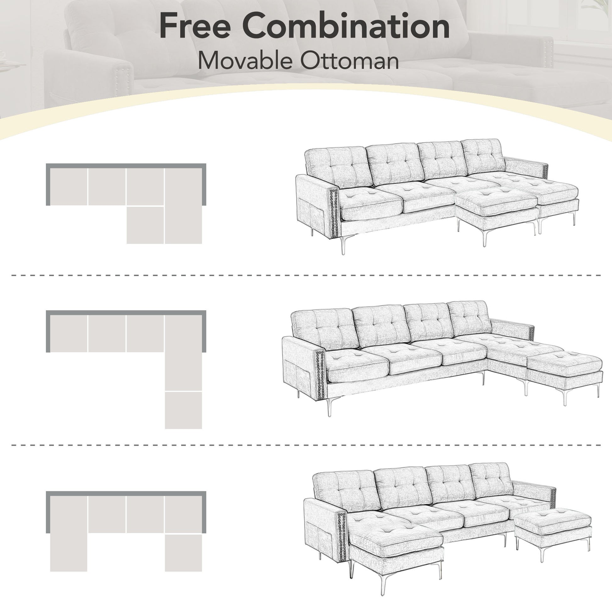 110" L Shape Convertible Sectional Sofa Couch With Movable Ottoman For Living Room, Apartment, Office, Light Grey Light Grey Foam Velvet 4 Seat