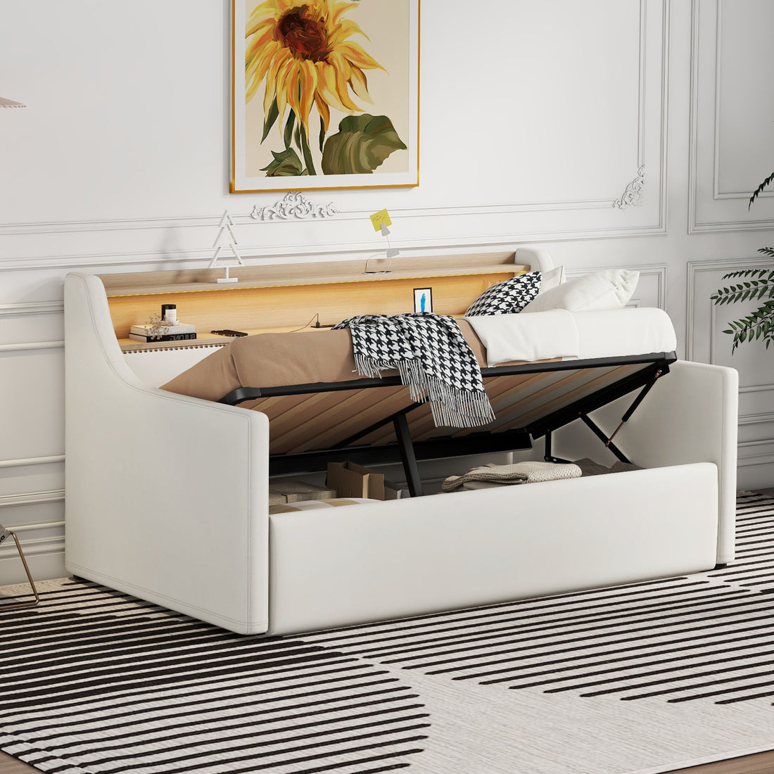 Twin Size Daybed With Hydraulic Storage, Upholstered Daybed With Lift Up Storage, Twin Leather Daybed With Charging Station And Led Lights,White Expect Arrival Date Feb.13Rd Twin White Pu Leather