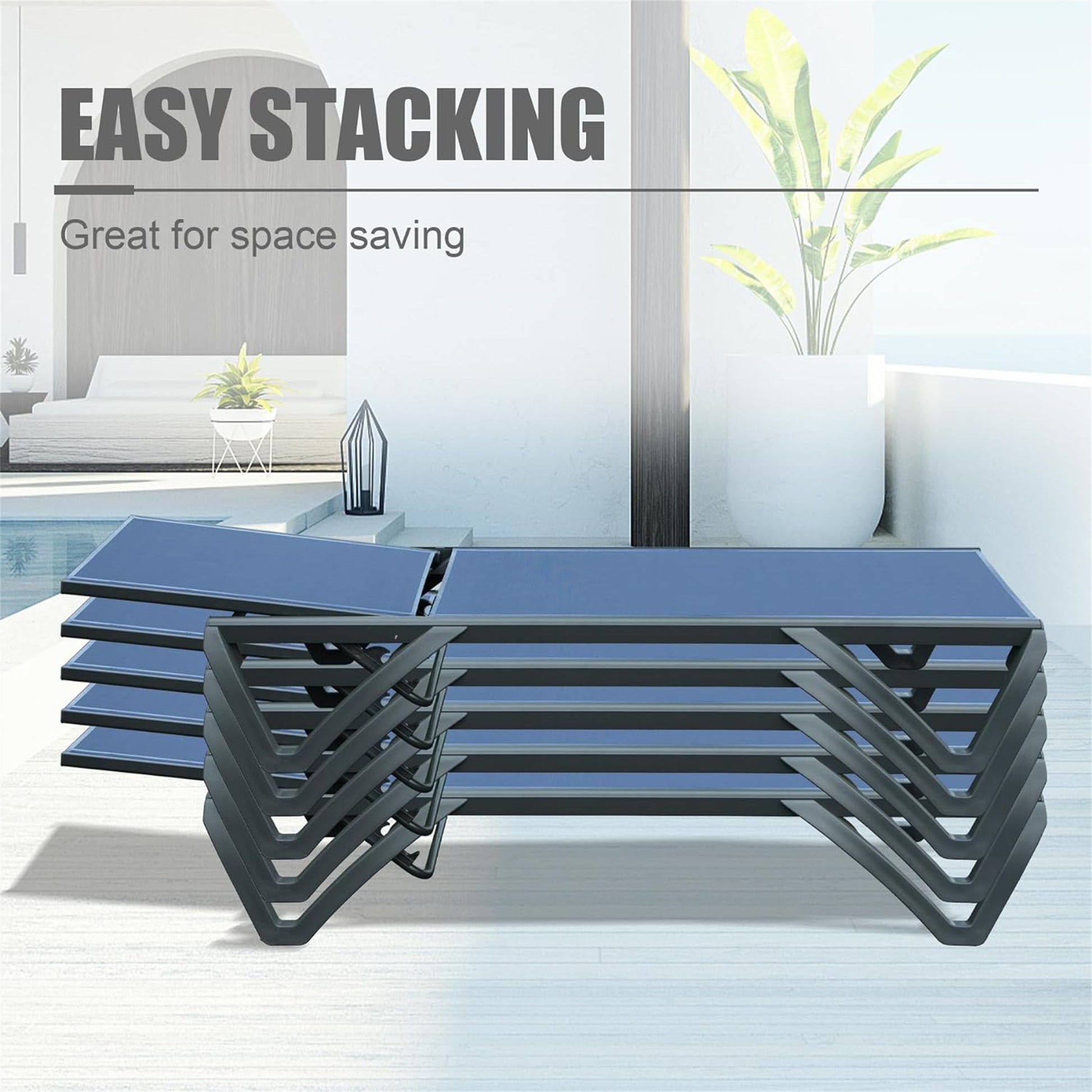 Outdoor Lounge Chair, Aluminum Plastic Patio Chaise Lounge With Side Table & 5 Position Adjustable Backrest & Wheels, All Weather Reclining Chair For Outside Beach Poolside Lawn, Navy Blue Navy Blue Aluminum