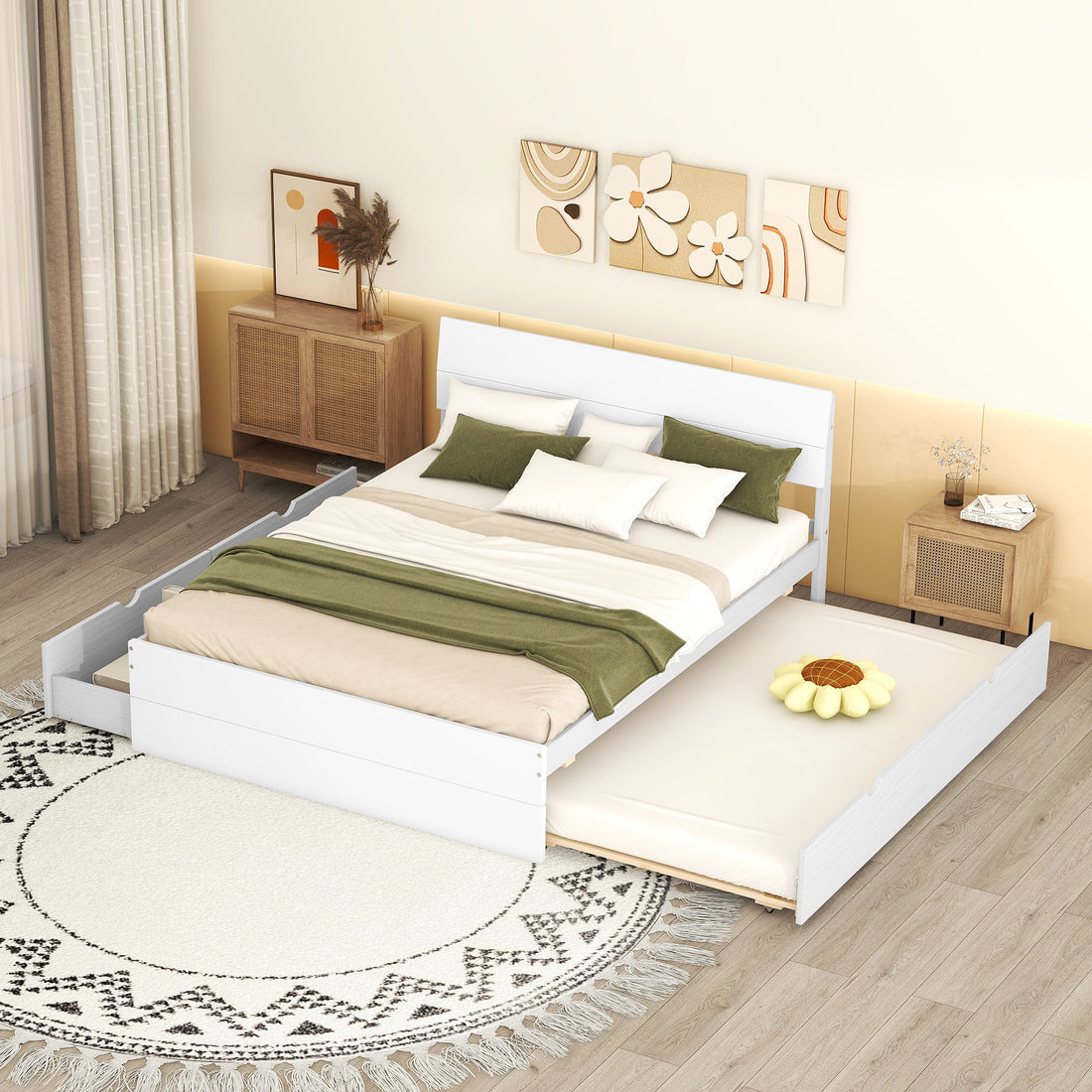 Modern Full Bed Frame With Twin Size Trundle And 2 Drawers For White High Gloss And Washed White Color White Solid Wood Mdf