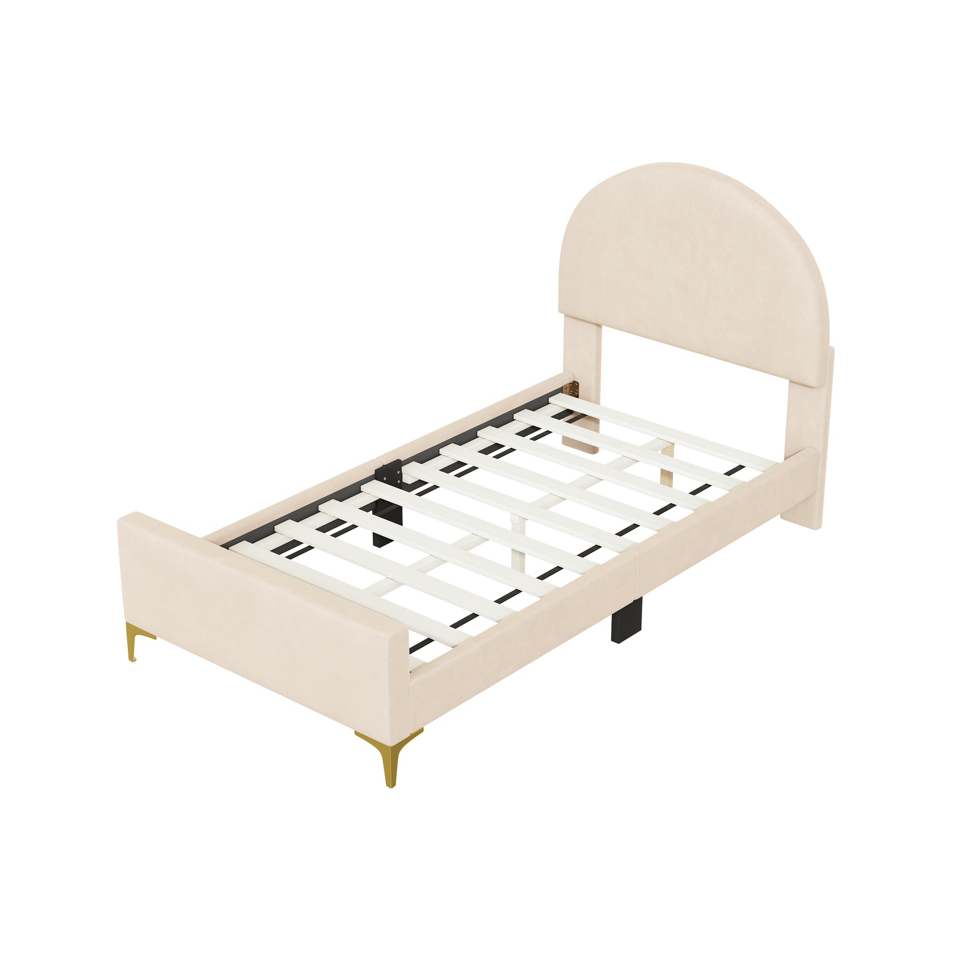 Twin Size Upholstered Platform Bed With Classic Semi Circle Shaped Headboard And Mental Legs, Velvet, Beige Beige Velvet