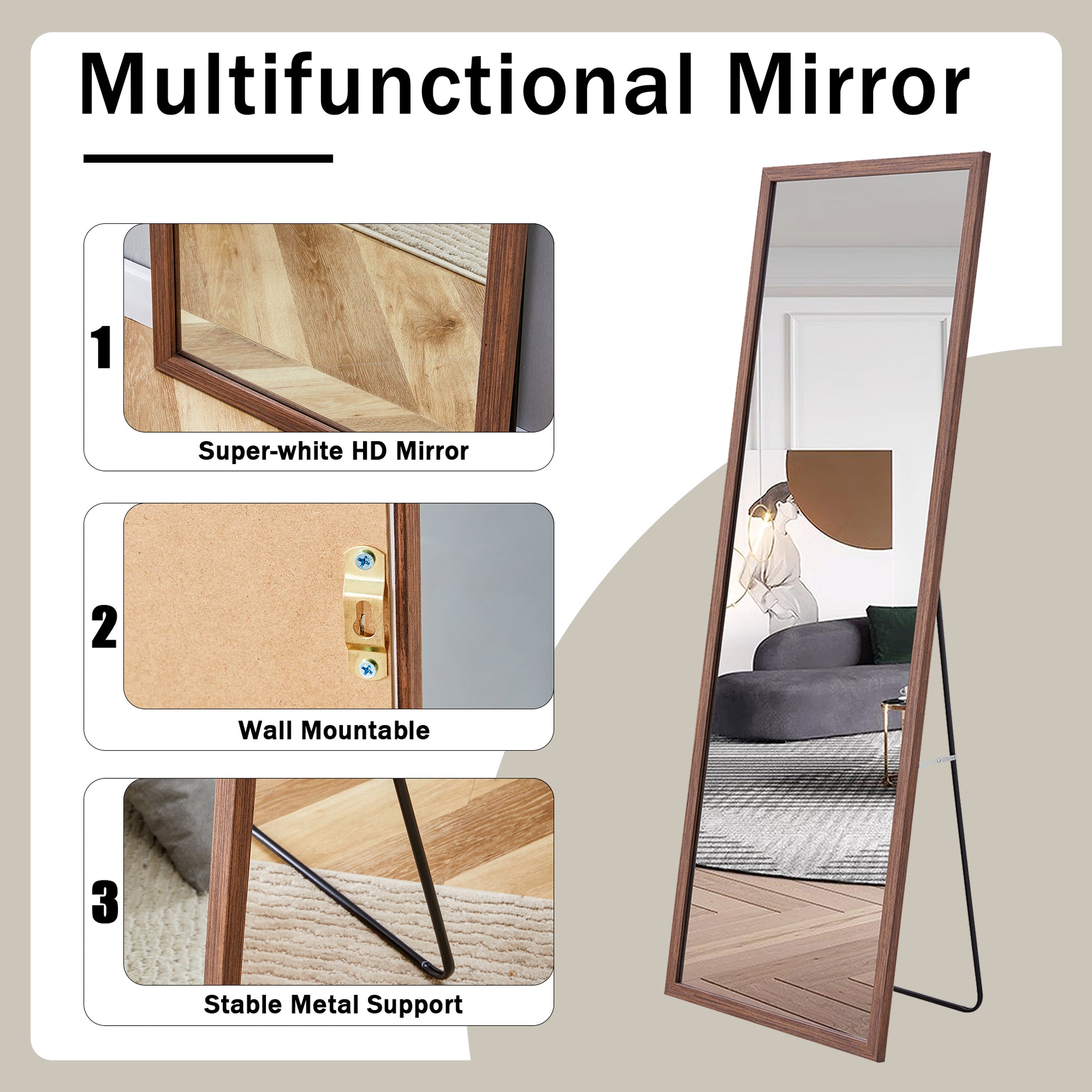 Third Generation Packaging Upgrade, Thickened Border, Brown Wood Grain Solid Wood Frame Full Length Mirror, Dressing Mirror, Bedroom Entrance, Decorative Mirror, And Floor Standing Mirror.65"*22.8" Brown Solid Wood