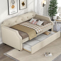 Upholstered Daybed With Trundle, Wood Slat Support,Upholstered Frame Sofa Bed, Twin, Beige Box Spring Not Required Twin Beige Bedroom Daybeds Linen Upholstered