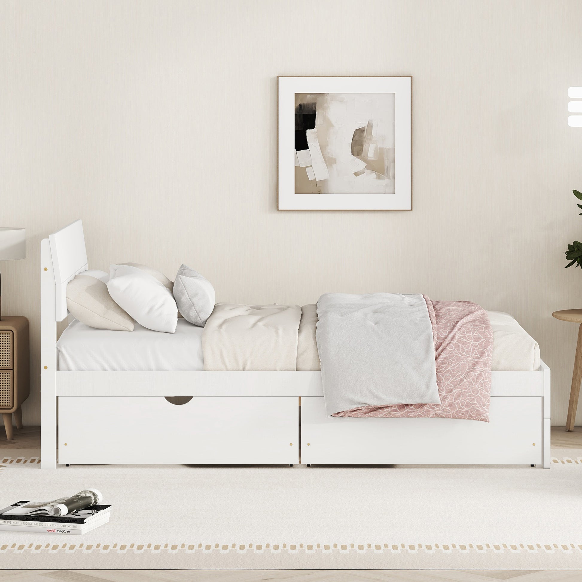 Modern Twin Bed Frame With 2 Drawers For White High Gloss Headboard And Footboard With Creamy White Color Box Spring Not Required Twin Creamy White,White Bedroom Bed Frame Mdf,Rubber Wood
