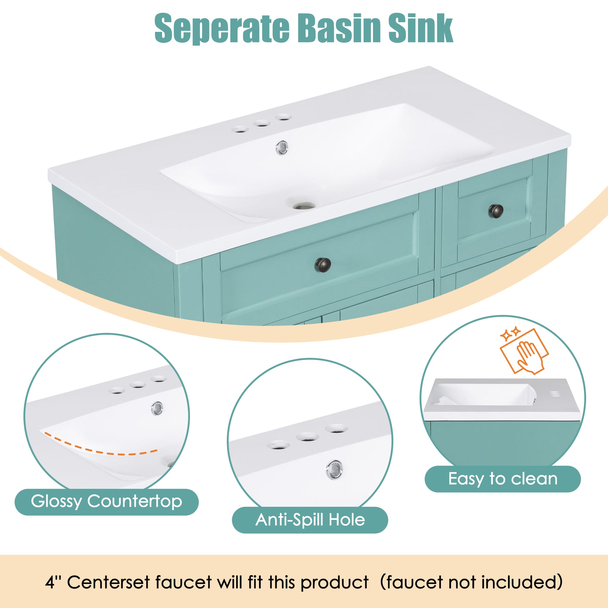 36'' Bathroom Vanity With Undermount Sink,Free Standing Vanity Set With 2 Drawers& Soft Closing Doors,Solid Wood Frame Bathroom Storage Cabinet Same As Sw000117Aaf Blue Green Bathroom Modern Solid