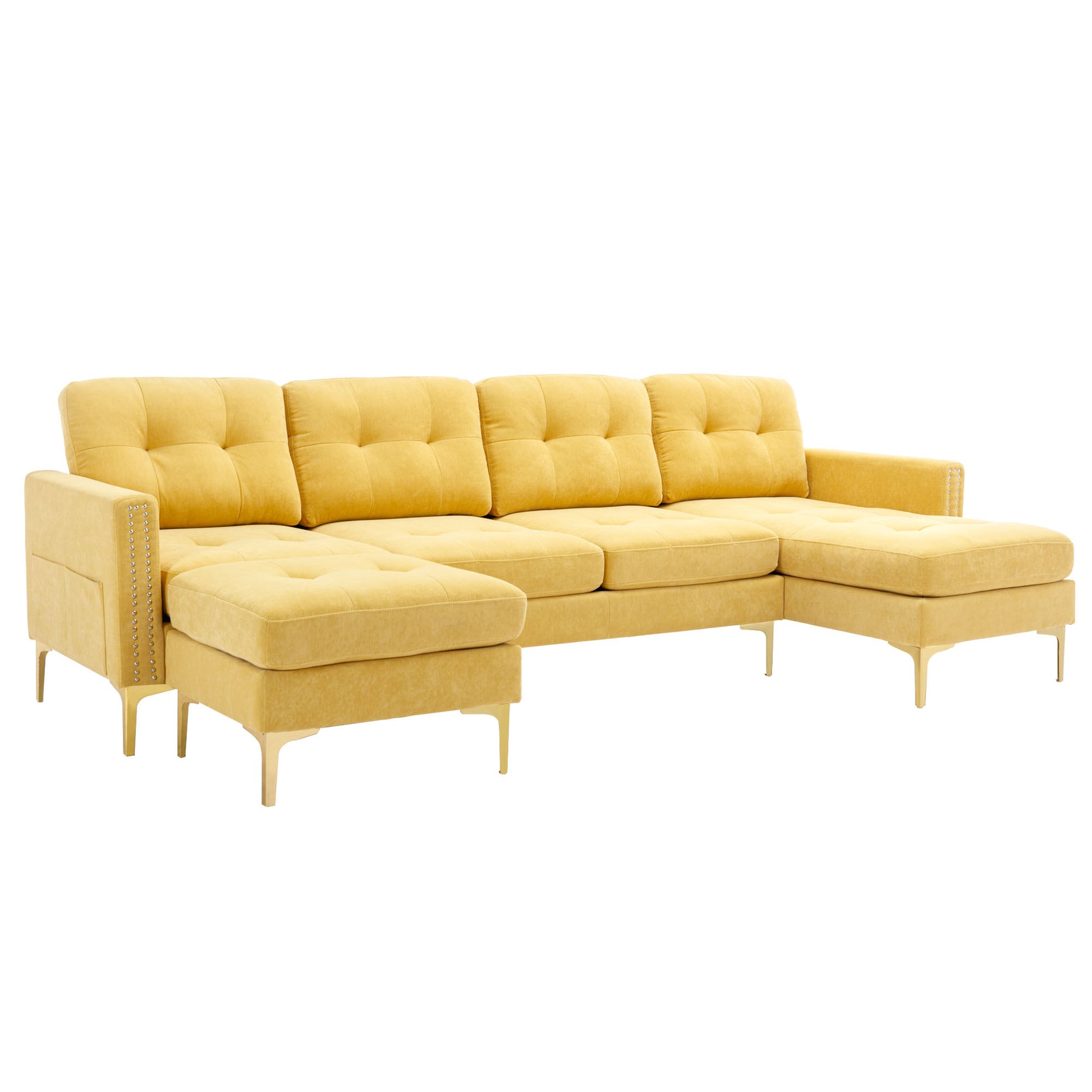 110" L Shape Convertible Sectional Sofa Couch With Movable Ottoman For Living Room, Apartment, Office, Yellow Yellow Foam Velvet 4 Seat