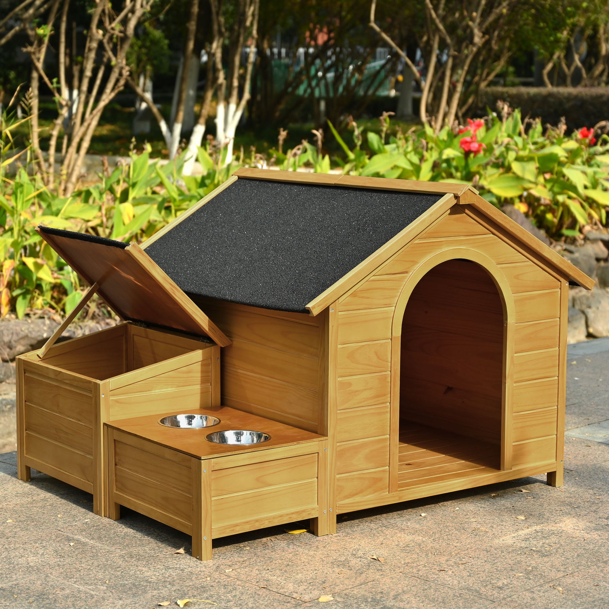 51.18" L X 43.7" W X 37" H Large Size Wooden Dog House, Dog Crate For Large Dog Breeds, Cabin Style Raised Dog Shelter With Asphalt Roof, Solid Wood, Weatherproof, Nature Natural Wood Outdoor Kennel Large 41 70 Lbs Pine