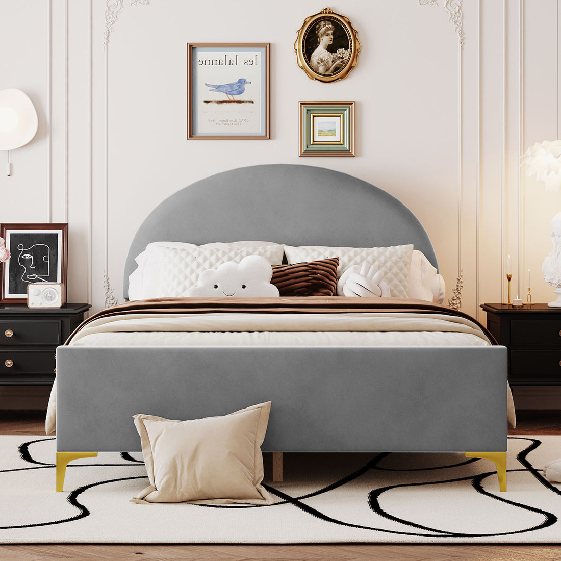 Full Size Upholstered Platform Bed With Classic Semi Circle Shaped Headboard And Mental Legs, Velvet, Gray Gray Velvet