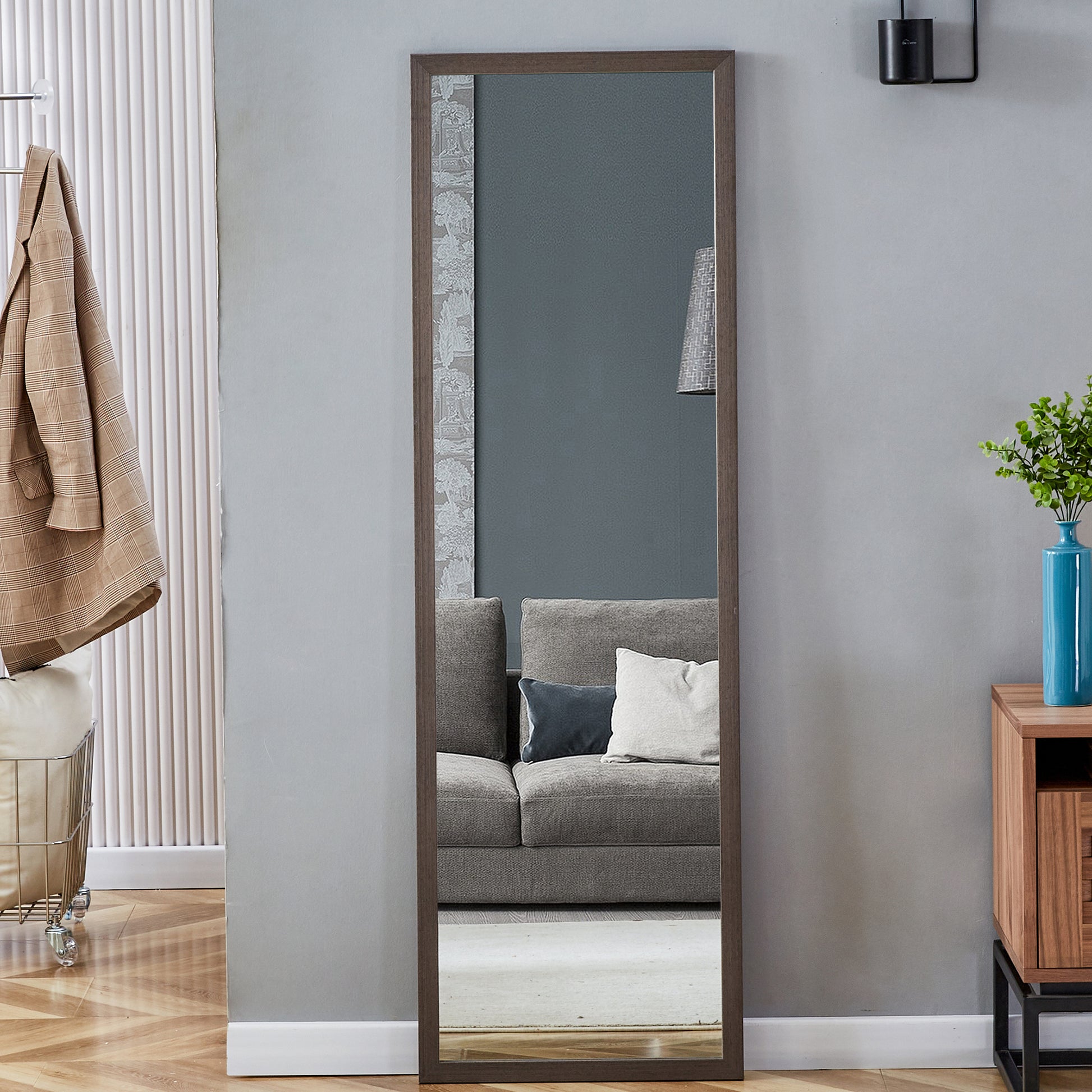 Third Generation Packaging Upgrade, Thickened Frame, Gray Wood Grain Solid Wood Frame Full Length Mirror, Dressing Mirror, Bedroom Entrance, Decorative Mirror, Floor Standing Mirror. 57.9 "* 18.1" Gray Solid Wood