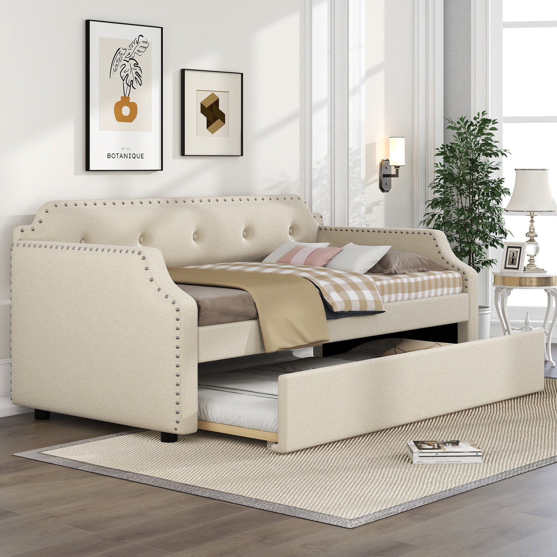 Upholstered Daybed With Trundle, Wood Slat Support,Upholstered Frame Sofa Bed, Twin, Beige Box Spring Not Required Twin Beige Bedroom Daybeds Linen Upholstered