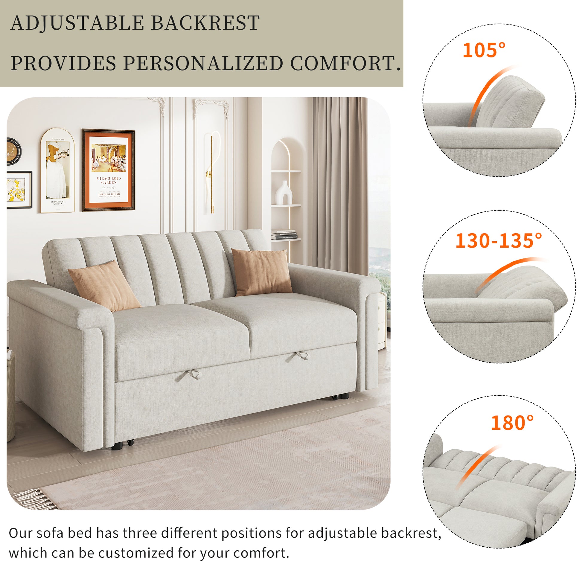 Convertible Soft Cushion Sofa Pull Bed ,For Two People To Sit On Beige Polyester