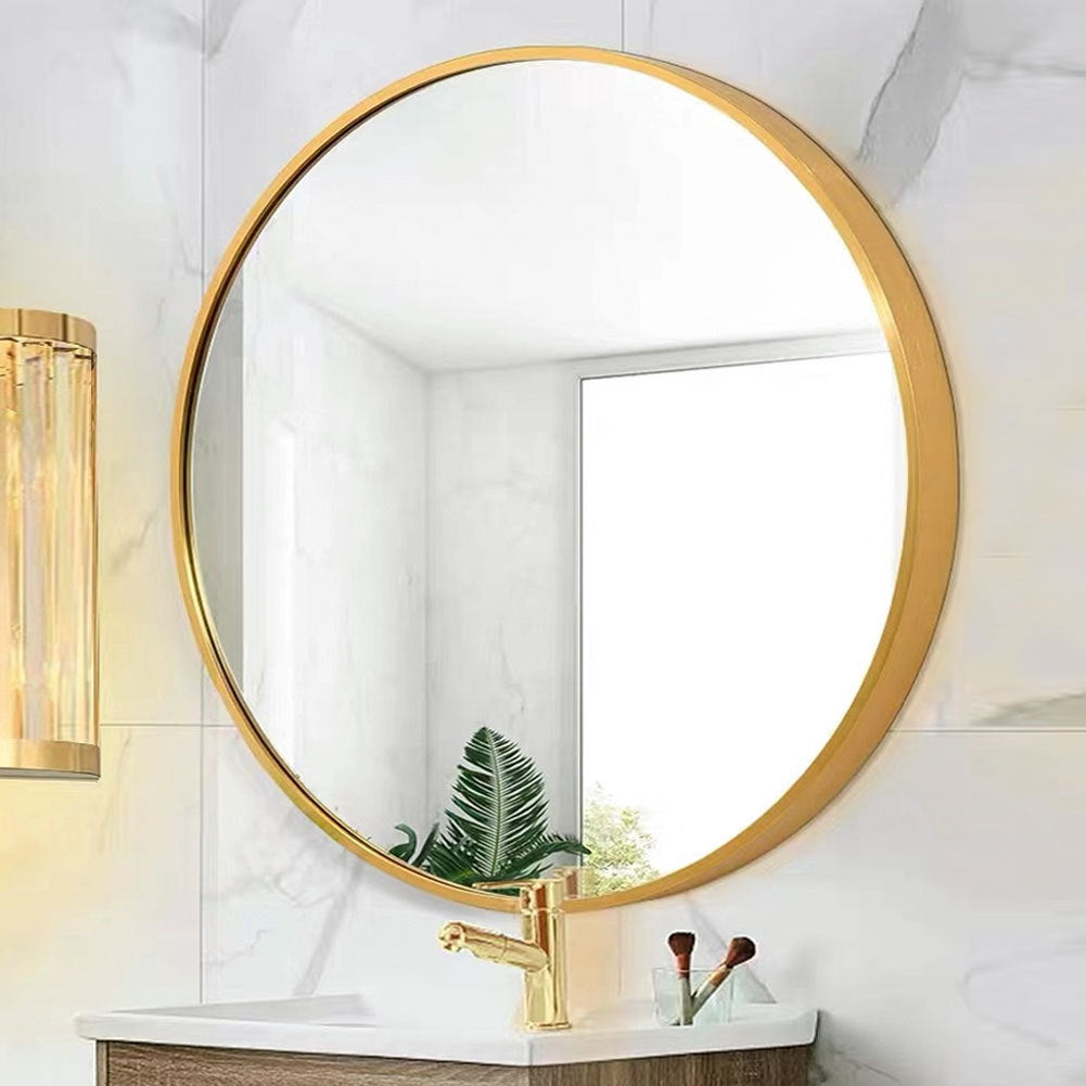 Tempered Mirror 28" Wall Circle Mirror For Bathroom, Gold Round Mirror For Wall, 20 Inch Hanging Round Mirror For Living Room, Vanity, Bedroom Gold Glass