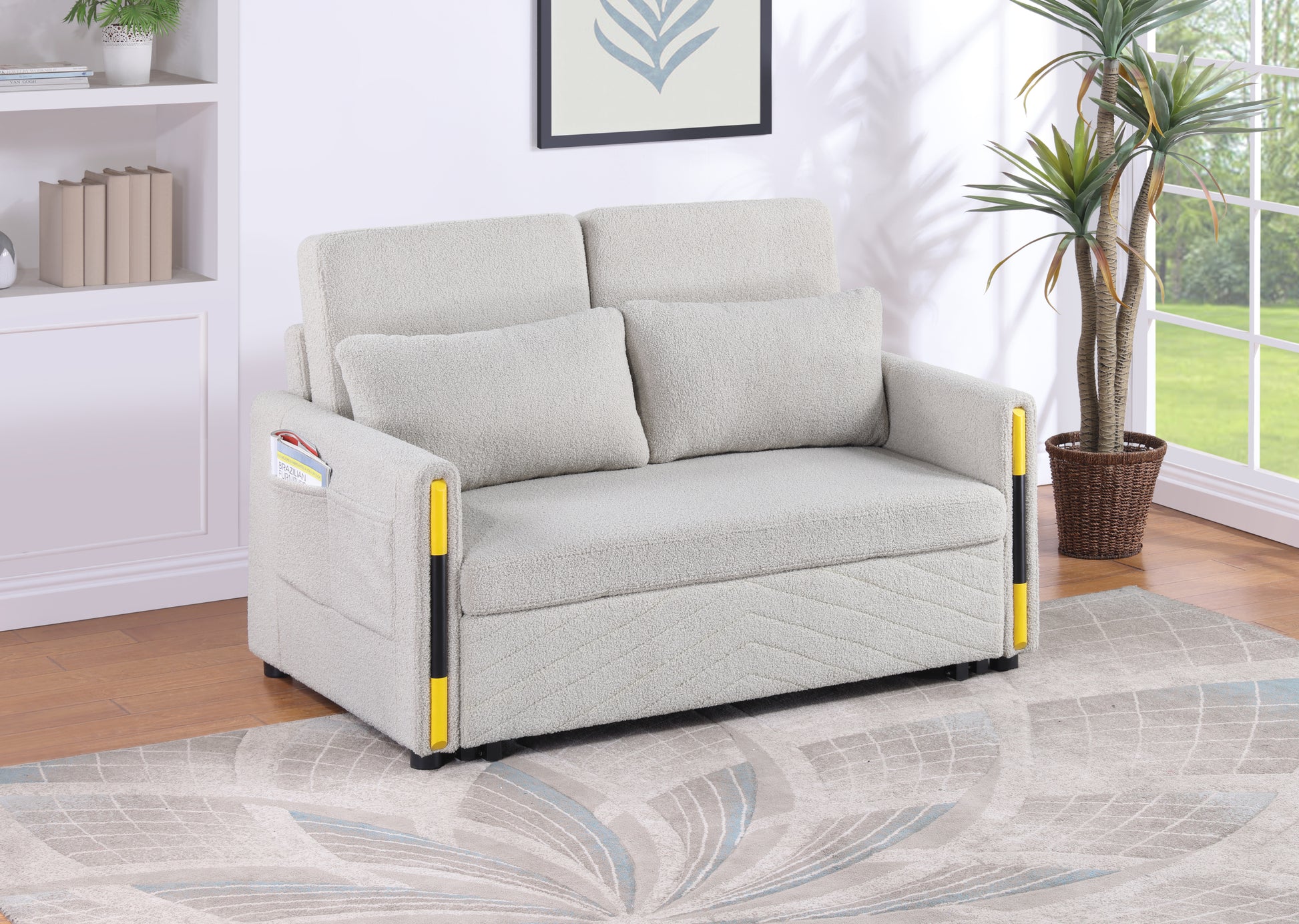Percy 55.5"W Beige Teddy Velvet Sleeper Loveseat With Dual Pull Sleeper Design Beige Fabric