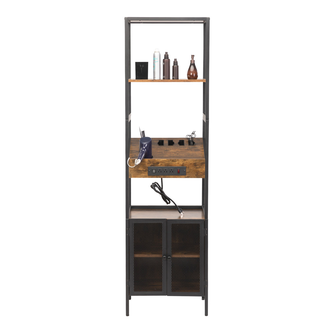 Salon Storage Cabinet With Open Shelves And Hair Dryer Holders, Vintage Brown Brown Mdf